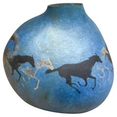 Soszynski Gourd Art Galloping Horses in Metallic Blue Artist Signed 1980s