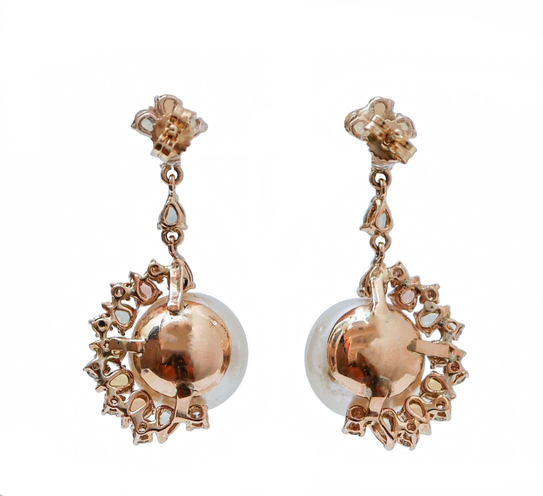 Retro South-Sea Pearls, Multicolor Sapphires, Diamonds, 14Kt Rose Gold Dangle Earrings
