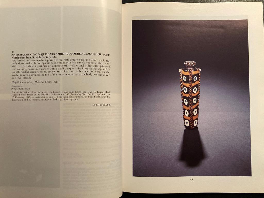 Sotheby's auction catalog of the exceptional Benzian Collection of Ancient and Islamic Glass. An invaluable reference for the collector, scholar or anyone interested in the most delicate and beautiful of antiquities, ancient glass. London, July 7,