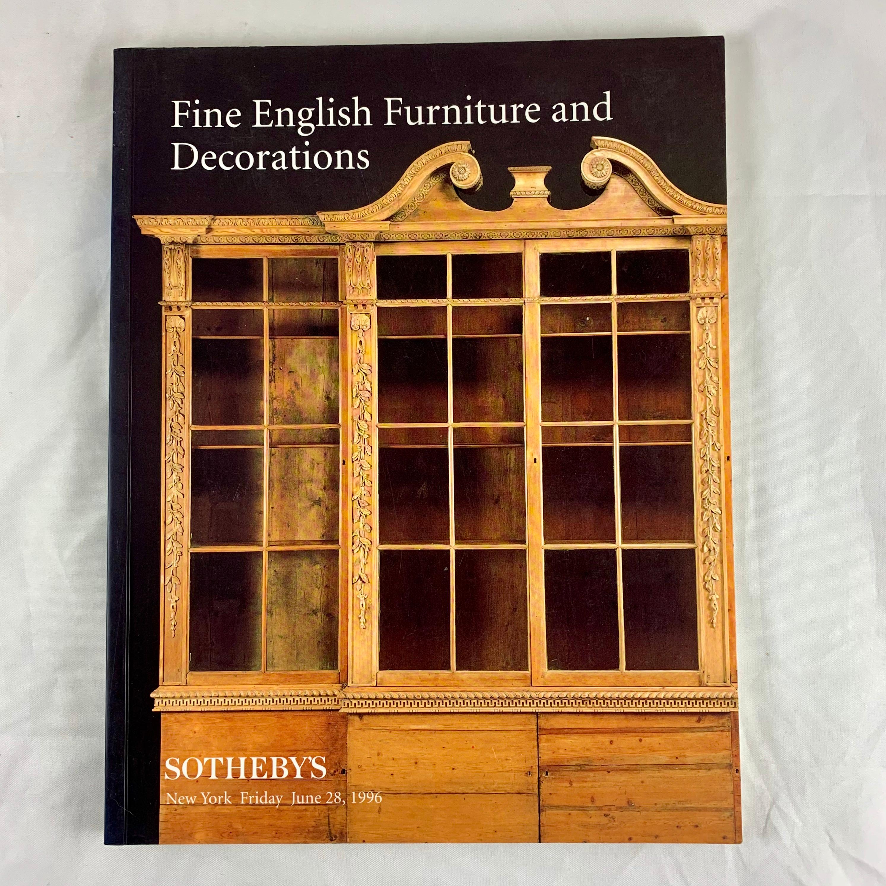 A pair of auction catalogues from the Sotheby's New York sales of Fine English Furniture and Decorations.

Dated: Saturday, January 27th, 1996 - Sale No. 6802
 Friday, June 28th, 1996 - Sale No. 6871

Sotheby's catalogues are an excellent and
