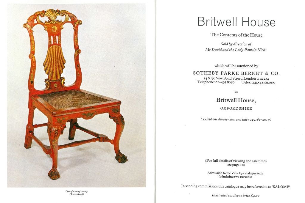 The sale catalogue for the contents of Britwell House, sold by direction of Mr David and Lady Pamela Hicks. A collection put together between 1960 and 1979, while they owned and lived in the house. With over 1,300 lots - many of which are