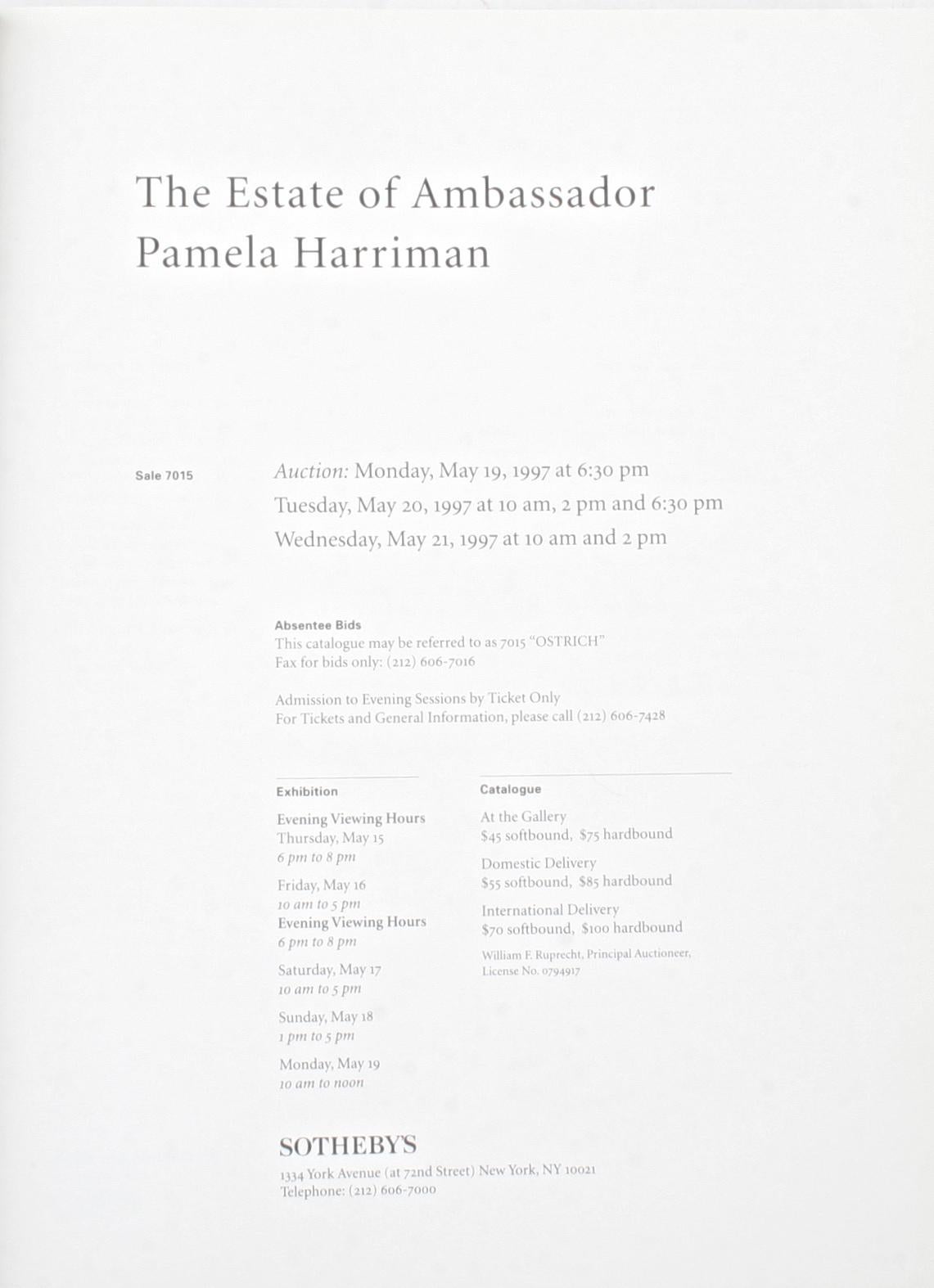 Sotheby's, the estate of ambassador Pamela Harriman. New York: Sotheby's, 1997. Hardcover with dust jacket. 745 pp. The single-owner sale of the collection of the late Pamela Churchill Harriman who was the United States Ambassador to France in 1993.