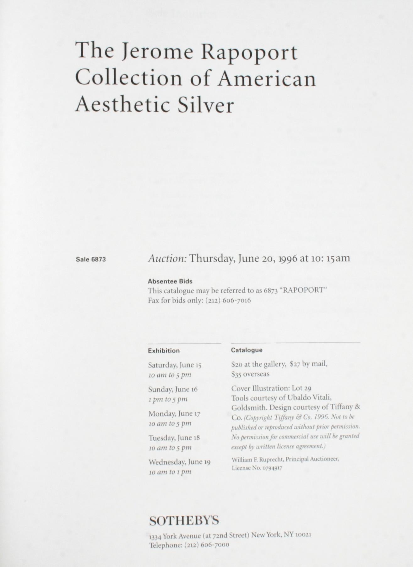 Sotheby's; The Jerome Rapoport Collection of American Aesthetic Silver. New York: Sotheby's, 1996. Unpaginated softcover. In the 1870's the American Aesthetic Movement broke from Traditional Design motives and moved toward Japonism. Pieces include a