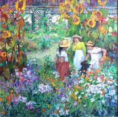 Sonnenblumen Garten mit Kindern, Ölgemälde