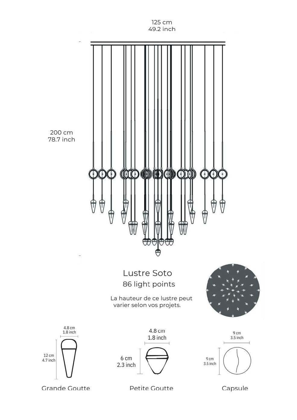 Un lampadario personalizzato con elementi luminosi sospesi. La piastra metallica superiore è rifinita in cromo e gli elementi stampati in 3D sono illuminati con una speciale tecnologia LED.