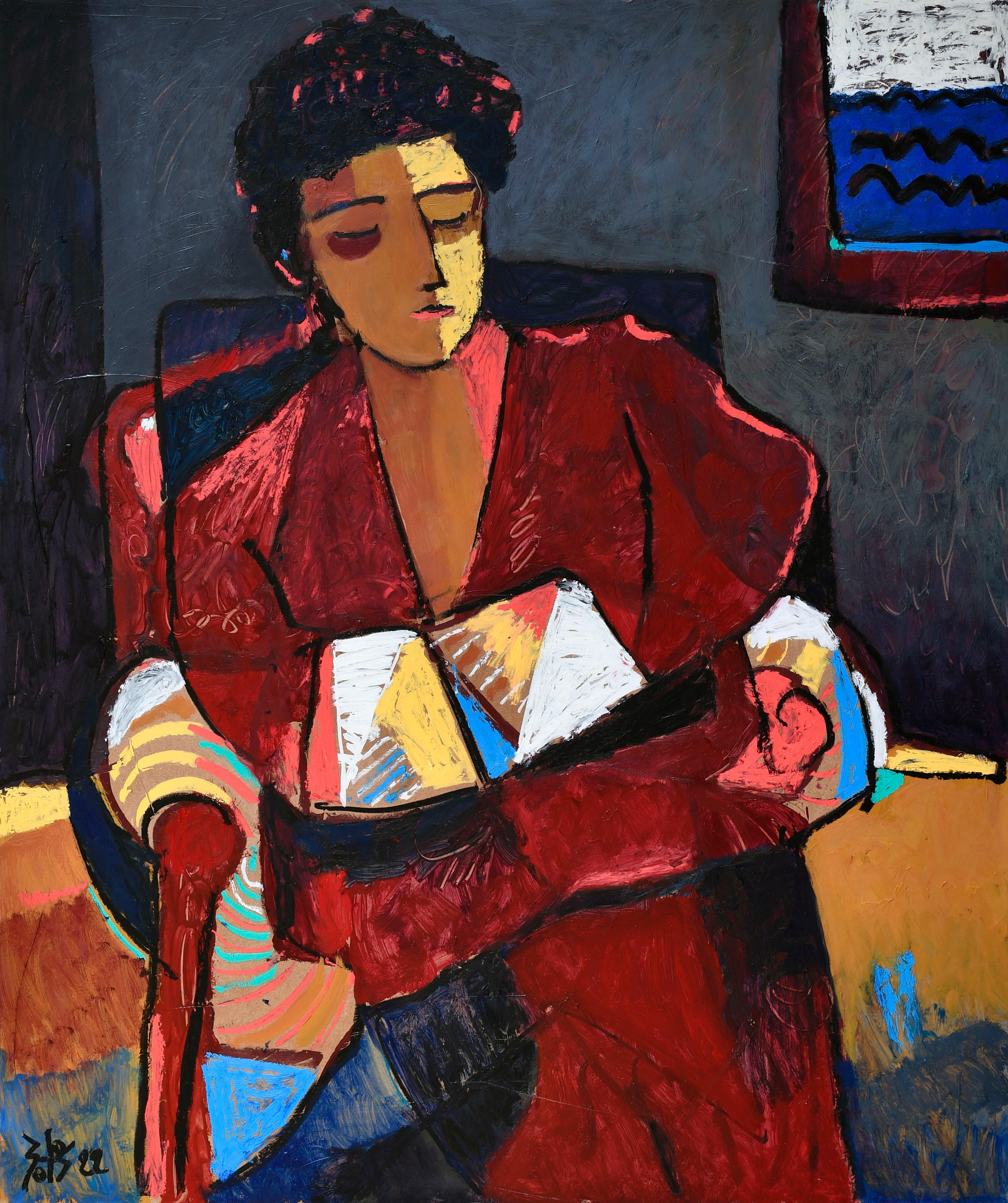 Sotos Zachariadis Figurative Painting – Lady in rotem Mantel