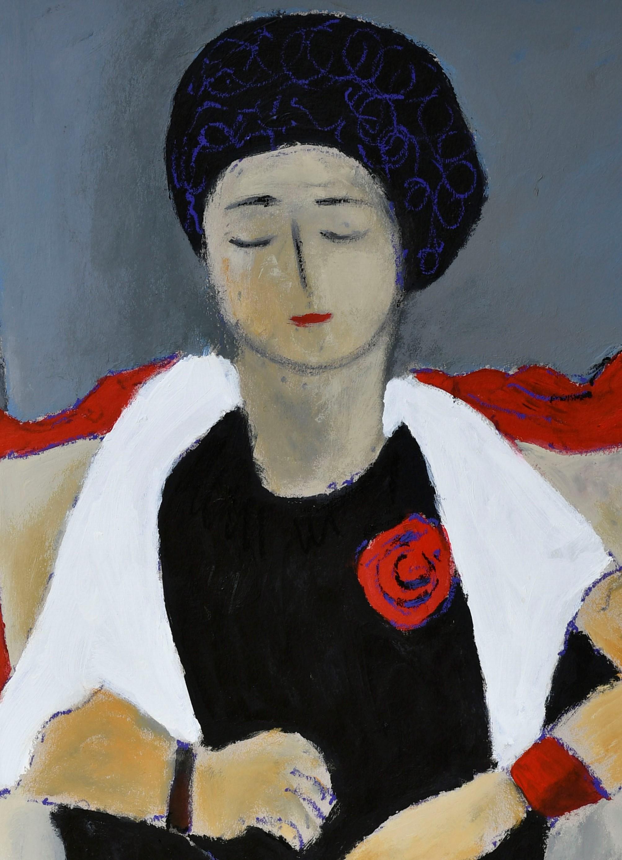 Lady with red rose - Painting by Sotos Zachariadis