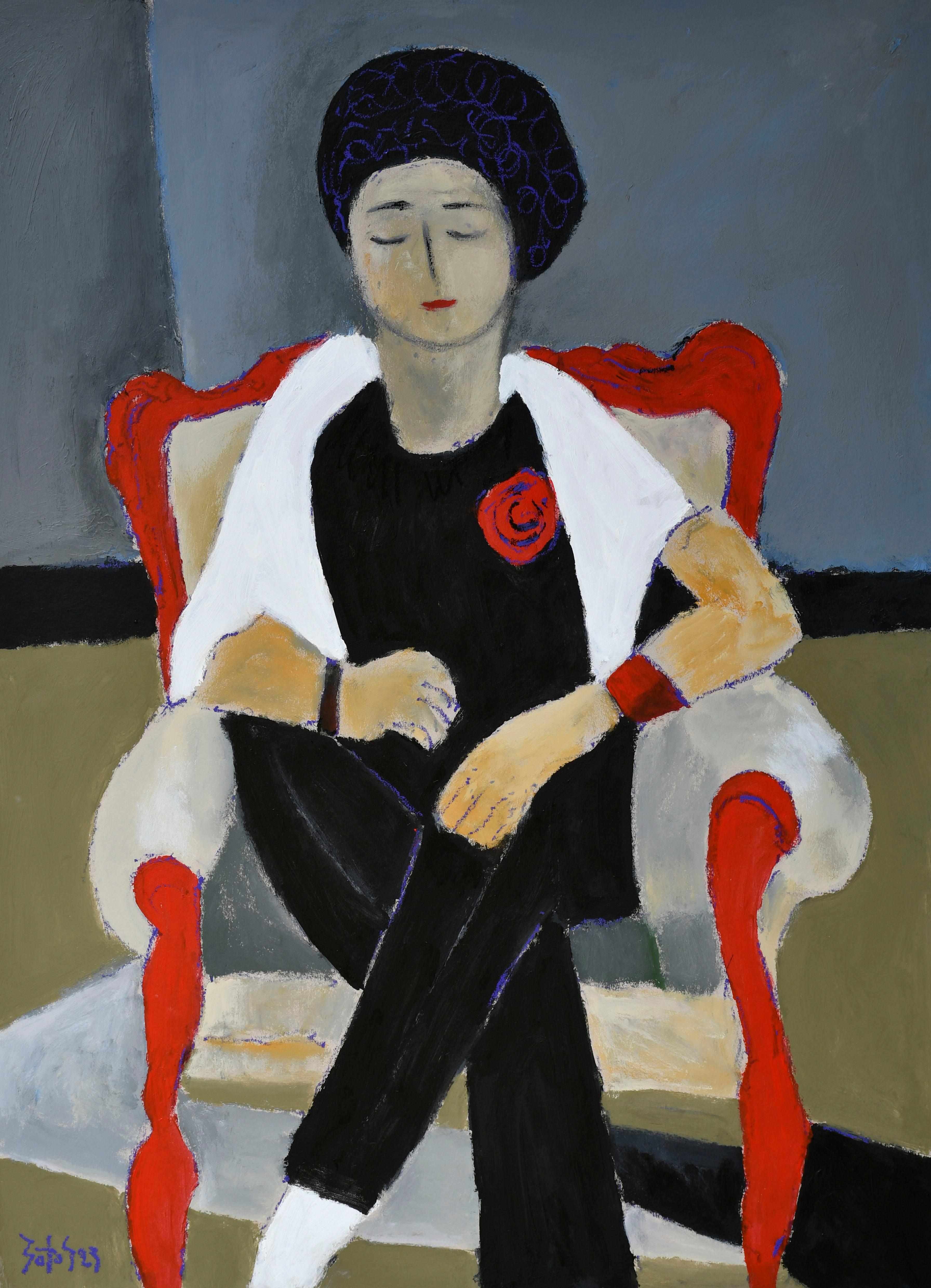 Sotos Zachariadis Figurative Painting - Lady with red rose