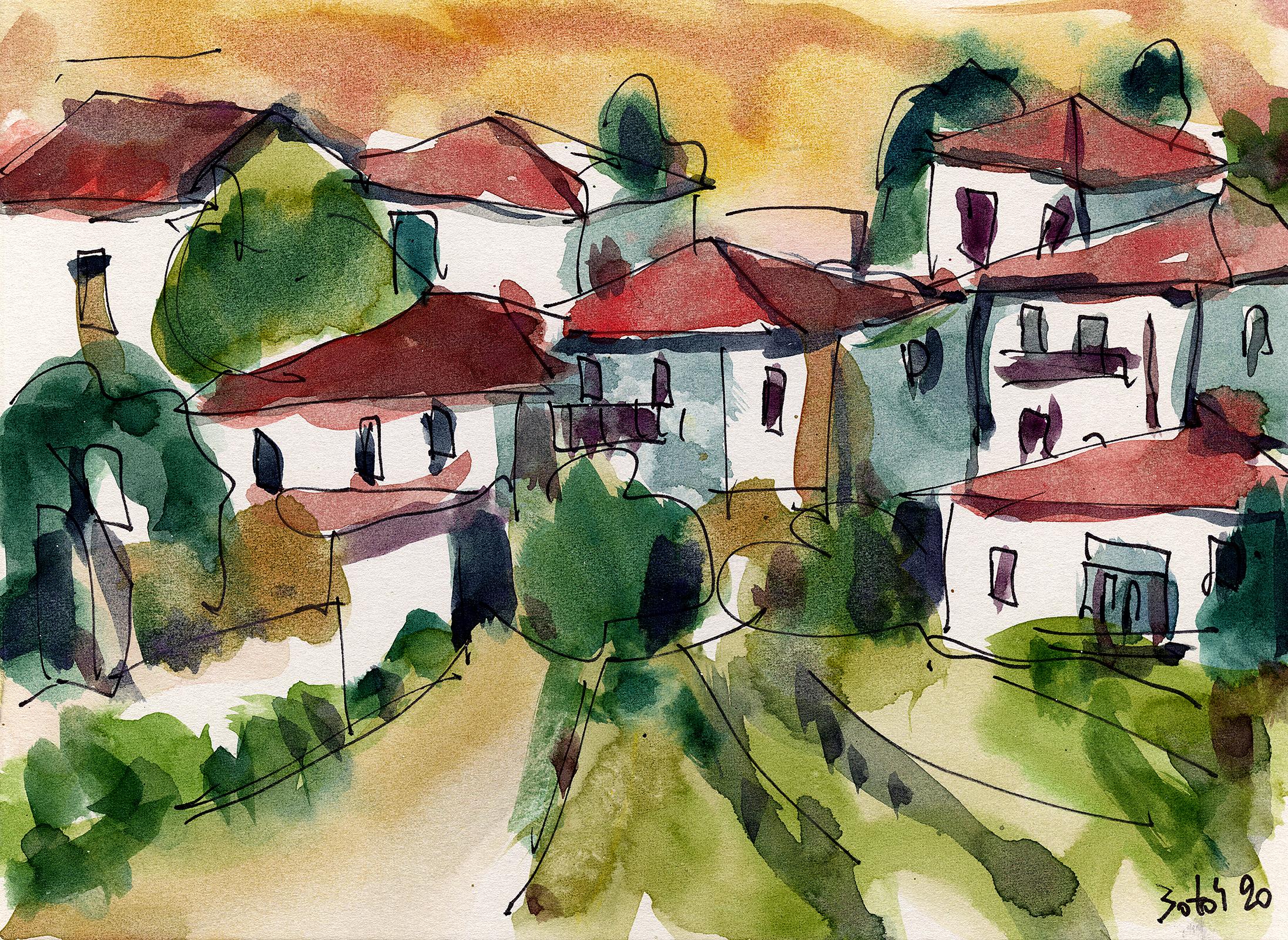 Sotos Zachariadis Landscape Painting - Thanos village I (Lemnos)