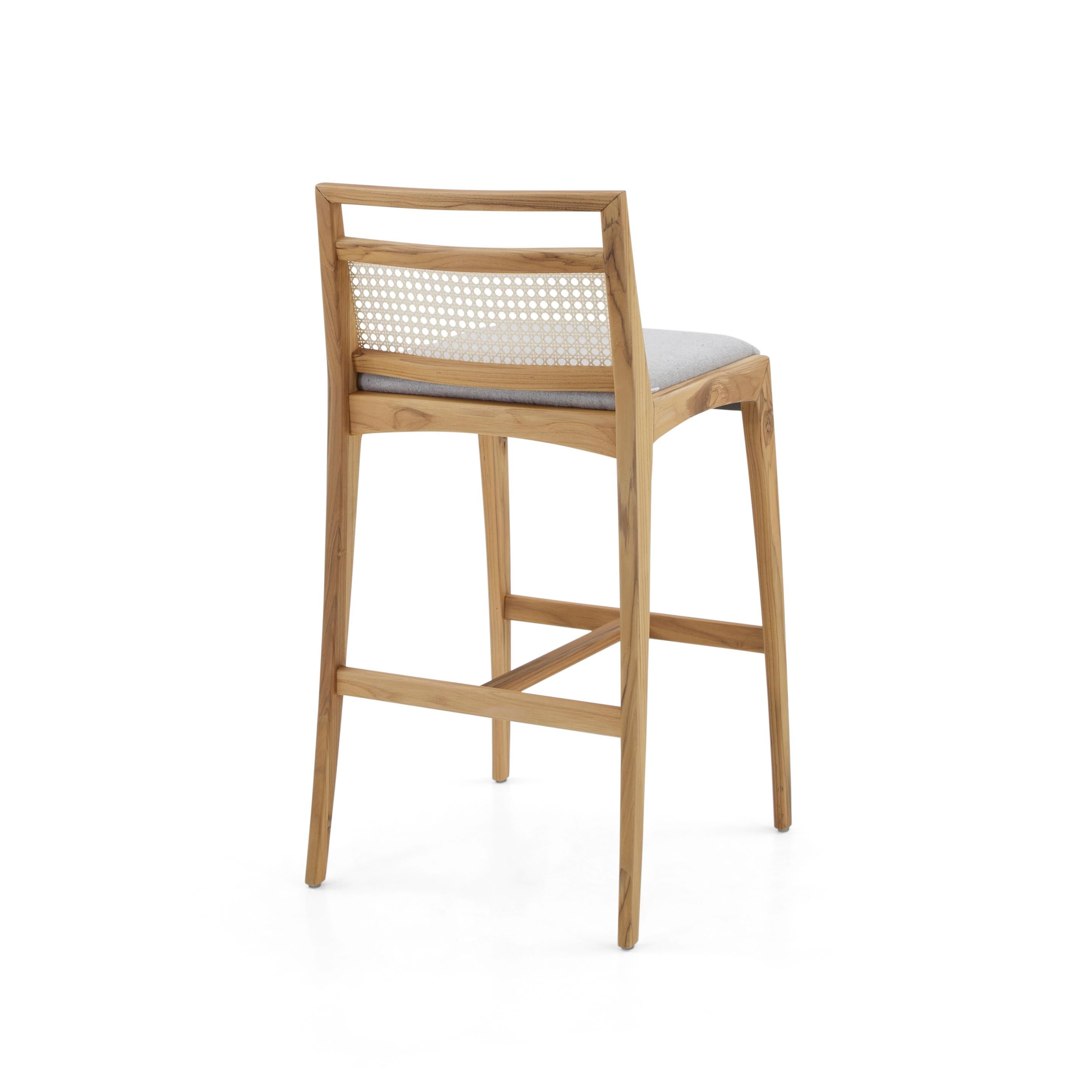 Brazilian Sotto Bar Stool with Cane-Back, Gray Fabric and Teak Solid Wood For Sale
