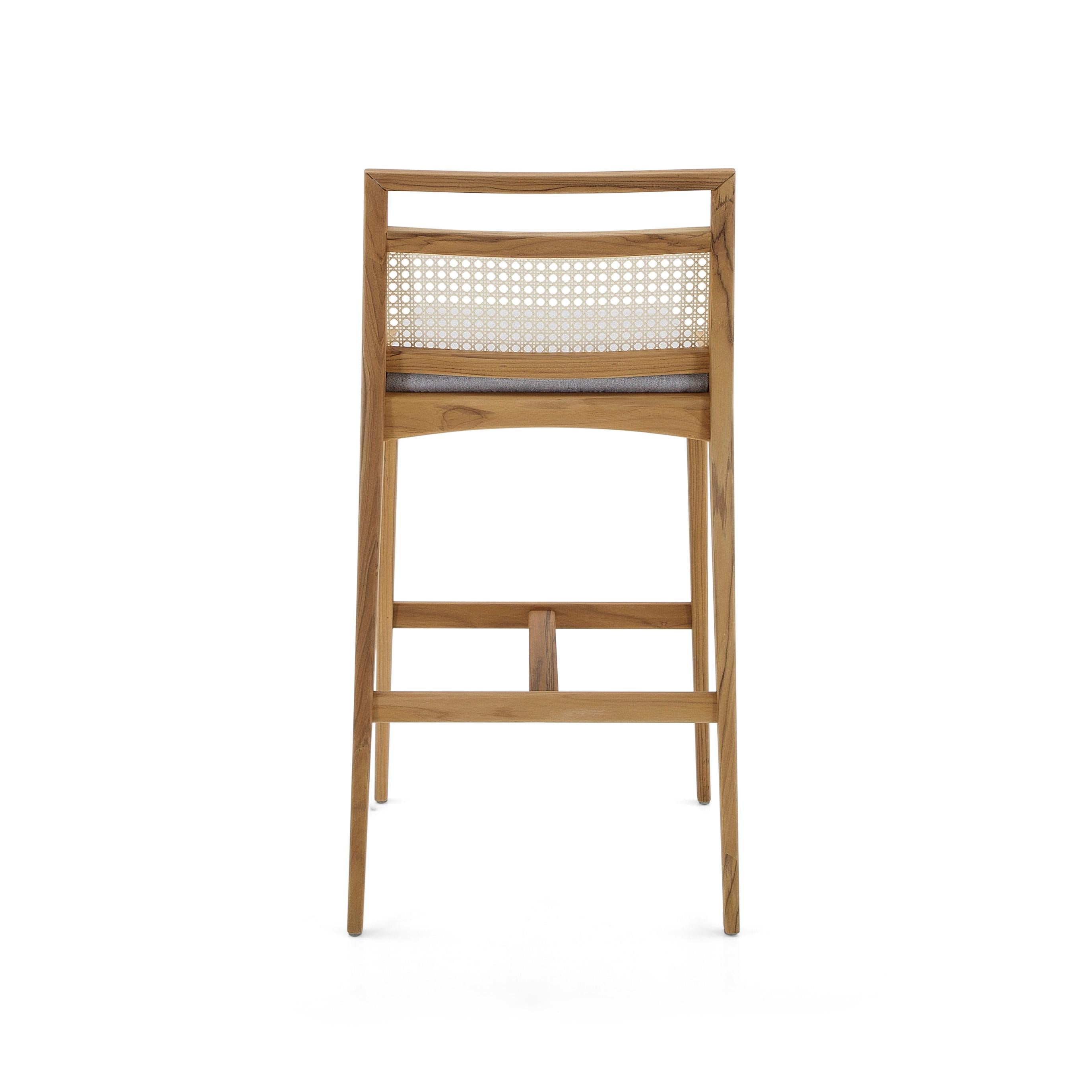 Sotto Bar Stool with Cane-Back, Gray Fabric and Teak Solid Wood In New Condition For Sale In Miami, FL