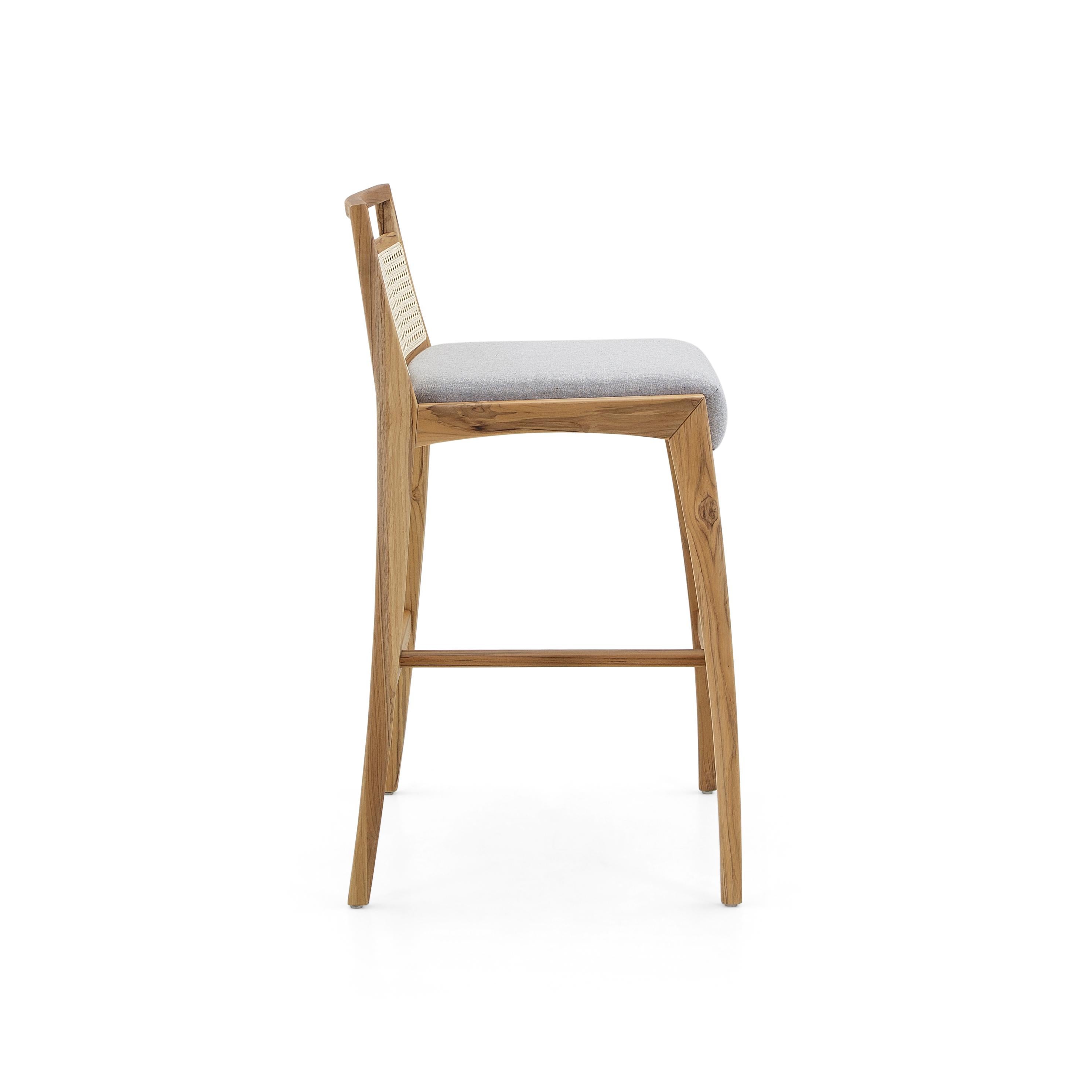 Contemporary Sotto Bar Stool with Cane-Back, Gray Fabric and Teak Solid Wood For Sale