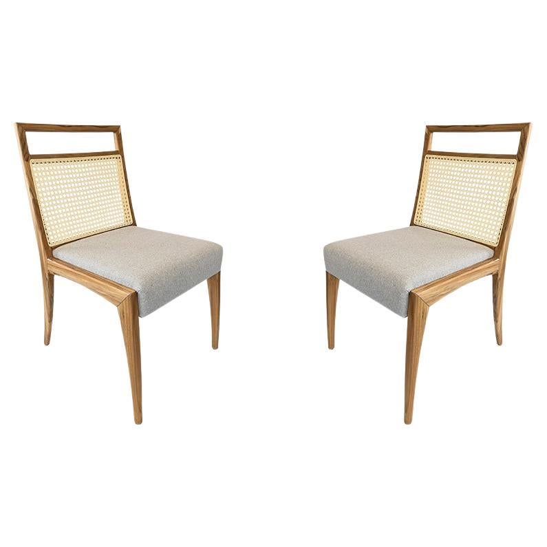 Sotto Cane-Back Dining Chair in Teak Wood with Light Gray Fabric, set of 2 For Sale