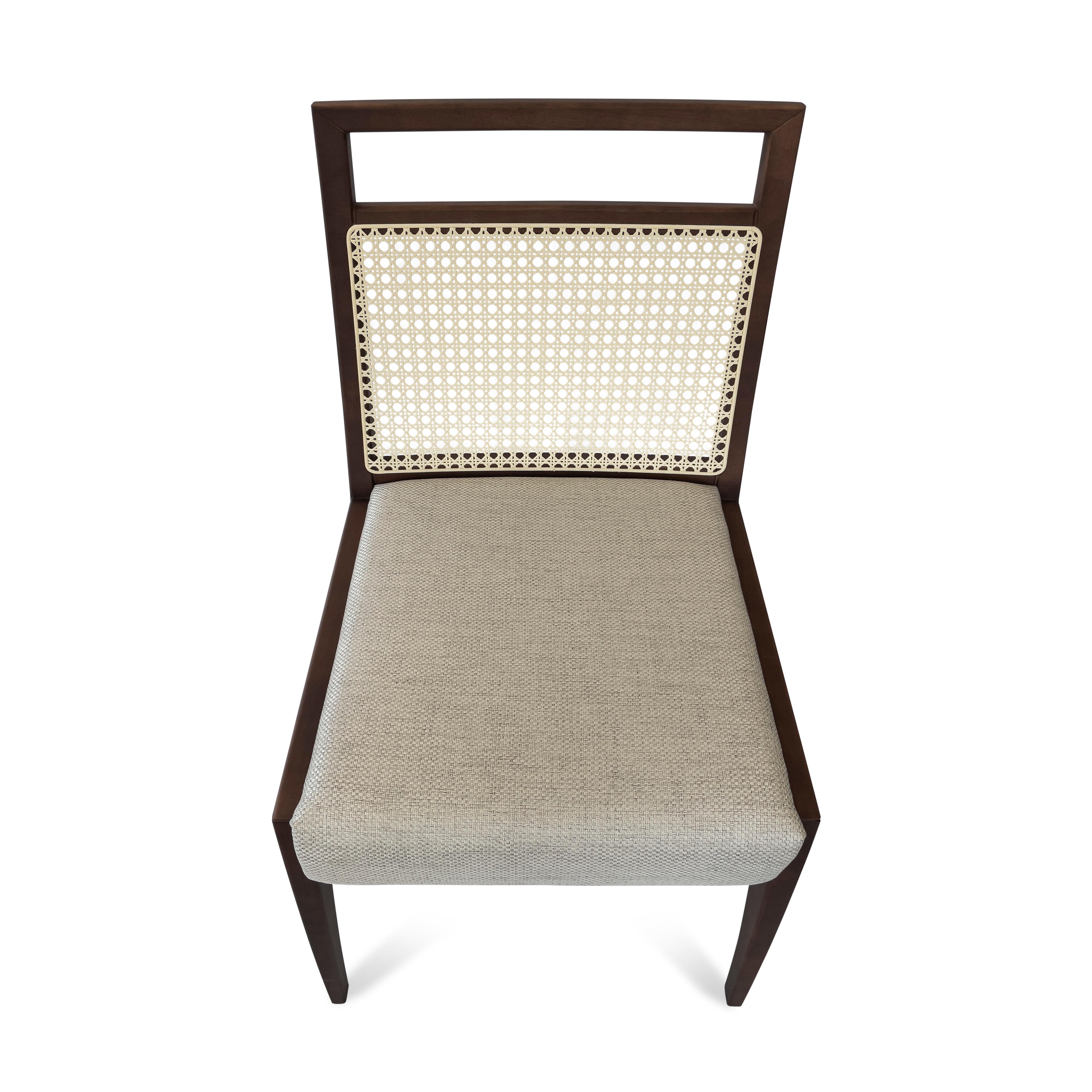 Brazilian Sotto Cane-Back Dining Chair in Walnut Wood Finish with Oatmeal Fabric, Set of 2 For Sale