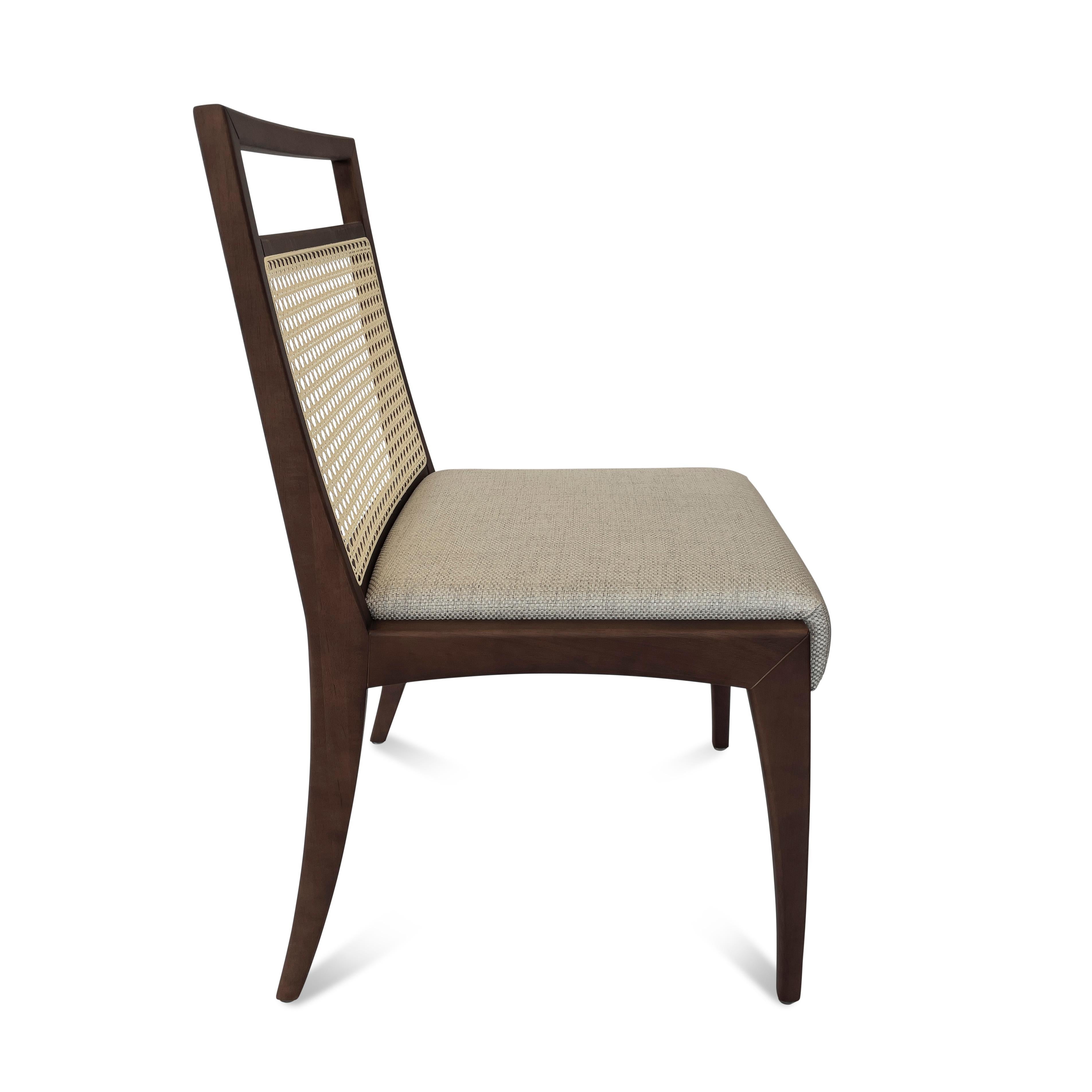 Caning Sotto Cane-Back Dining Chair in Walnut Wood Finish with Oatmeal Fabric, Set of 2 For Sale