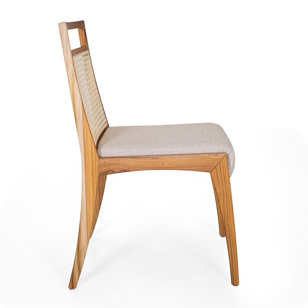 Brazilian Sotto Cane-Back Dining Chair in Teak Wood and Light Beige Fabric, Set of 2 For Sale