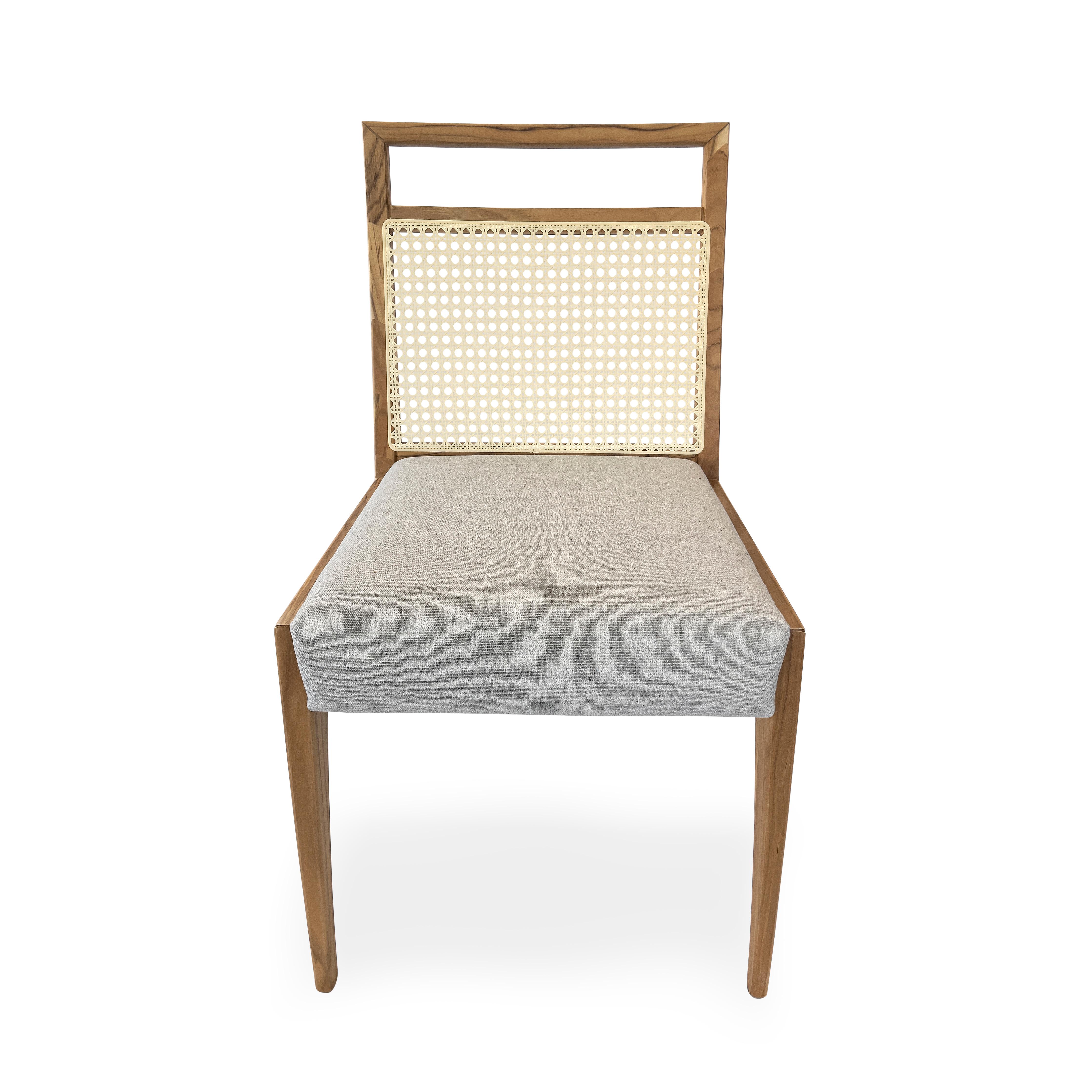 Brazilian Sotto Cane-Back Dining Chair in Teak Wood with Light Gray Fabric, set of 2 For Sale