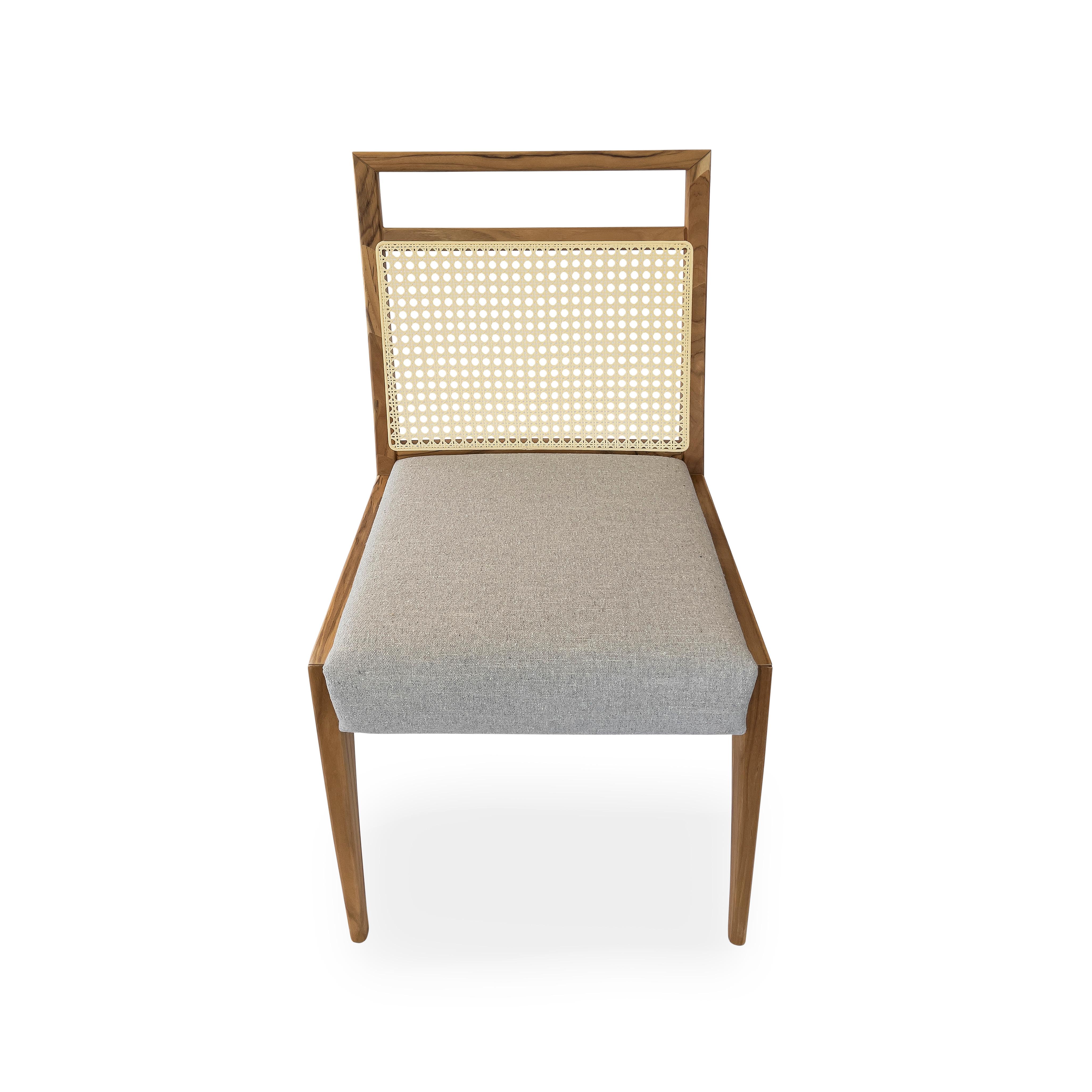 Caning Sotto Cane-Back Dining Chair in Teak Wood with Light Gray Fabric, set of 2 For Sale