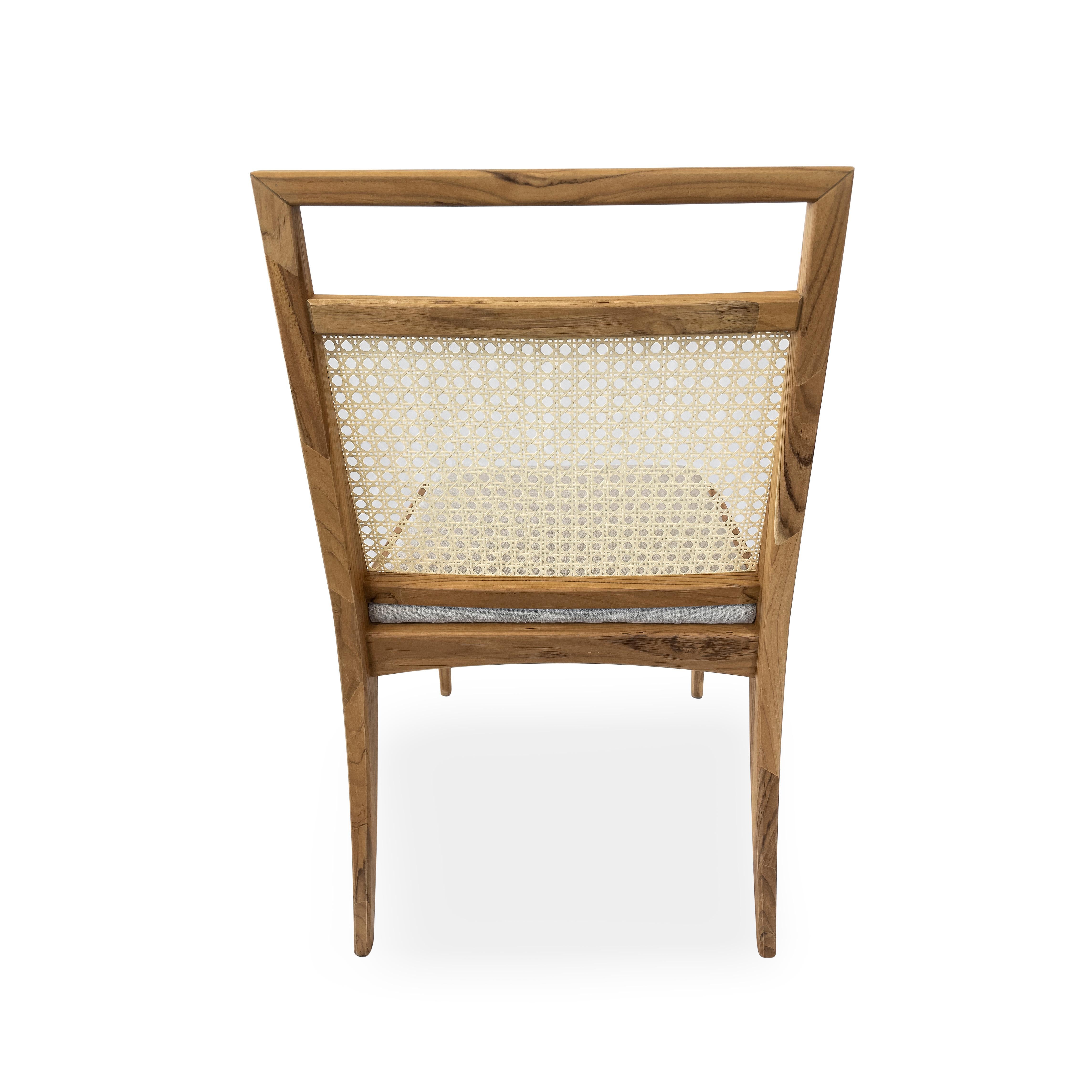 Sotto Cane-Back Dining Chair in Teak Wood with Light Gray Fabric, set of 2 In New Condition For Sale In Miami, FL
