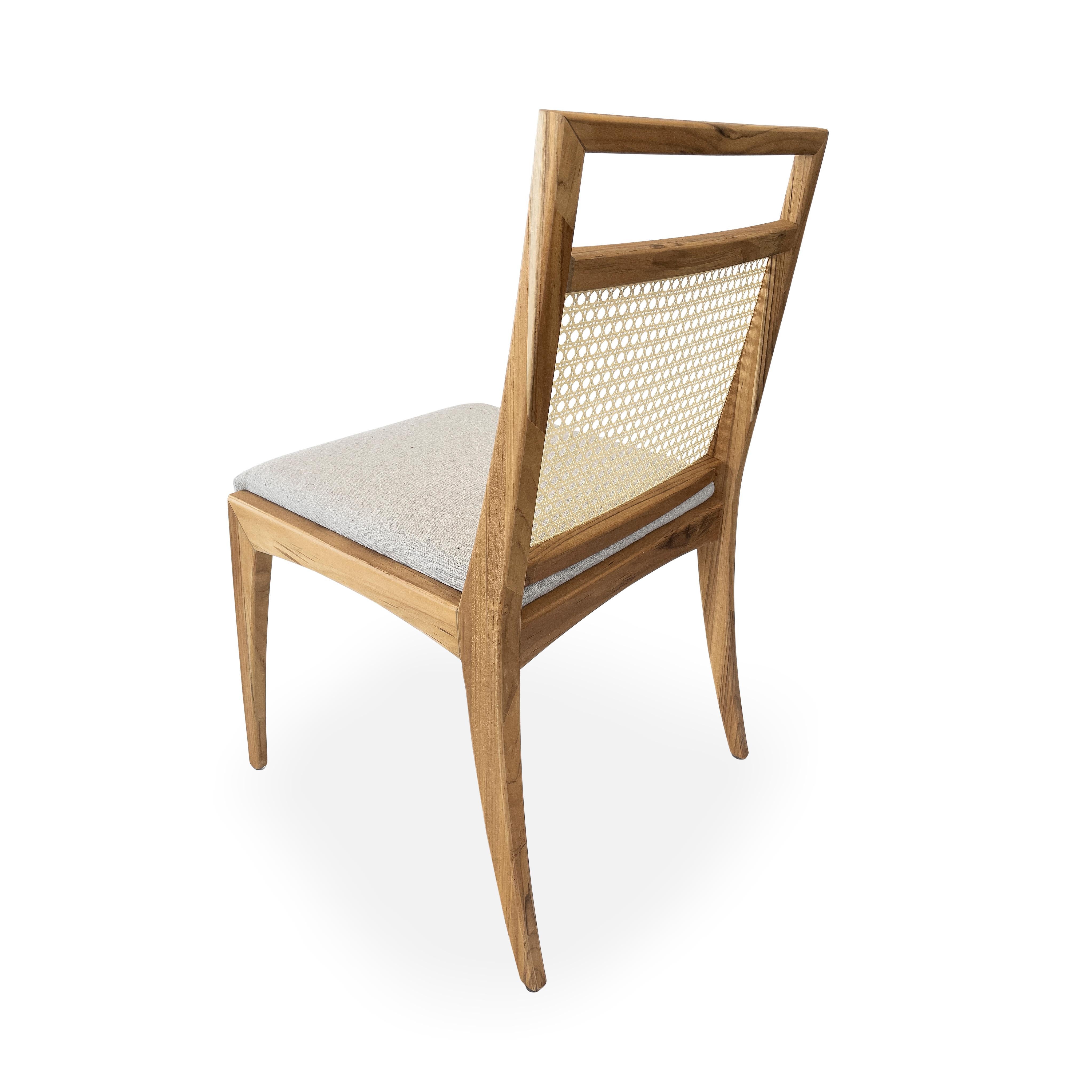 Contemporary Sotto Cane-Back Dining Chair in Teak Wood with Light Gray Fabric, set of 2 For Sale