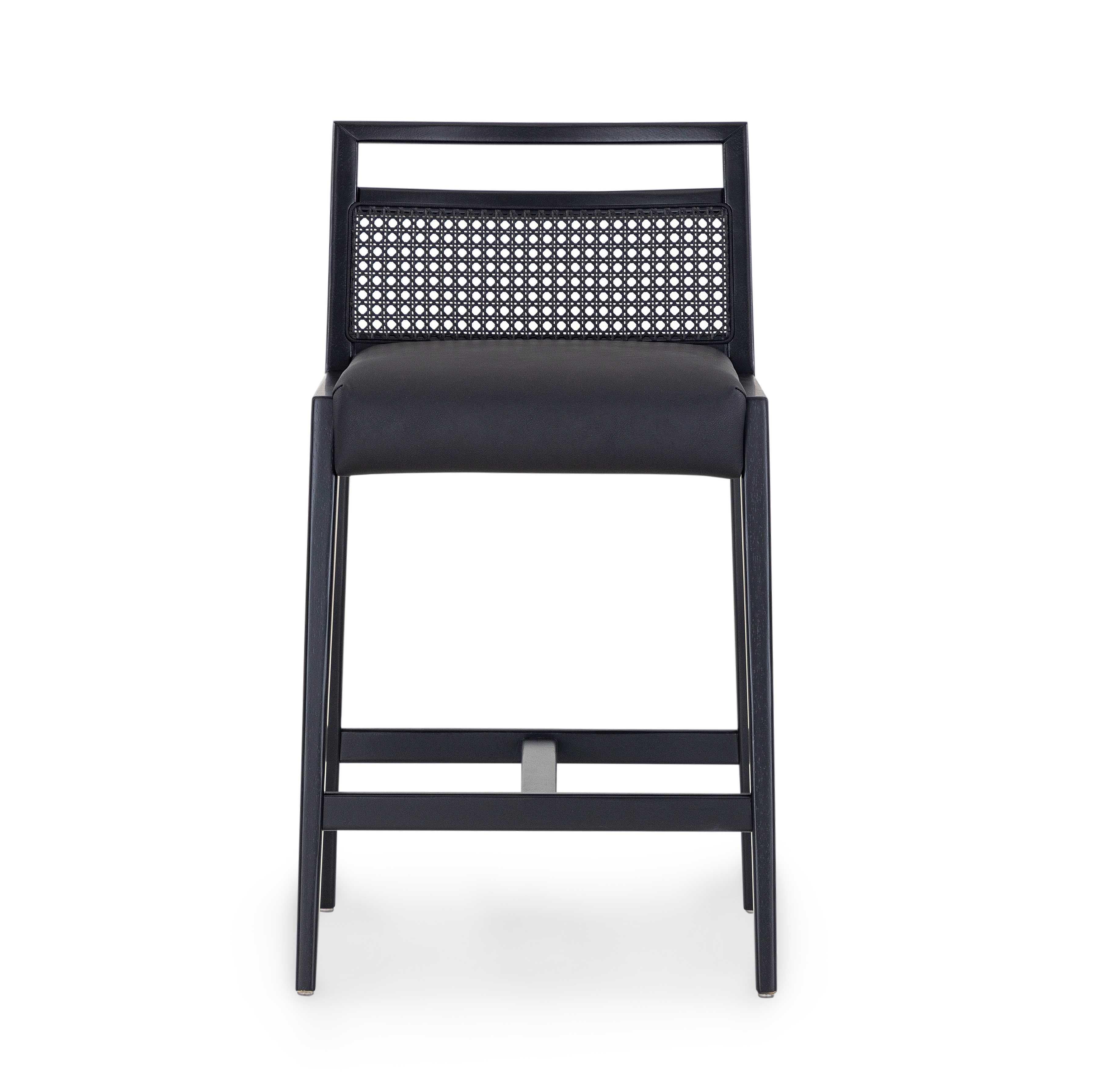 Modern Customizable Black Counter Stool with Faux Leather and Cane Backrest, Sotto Line For Sale