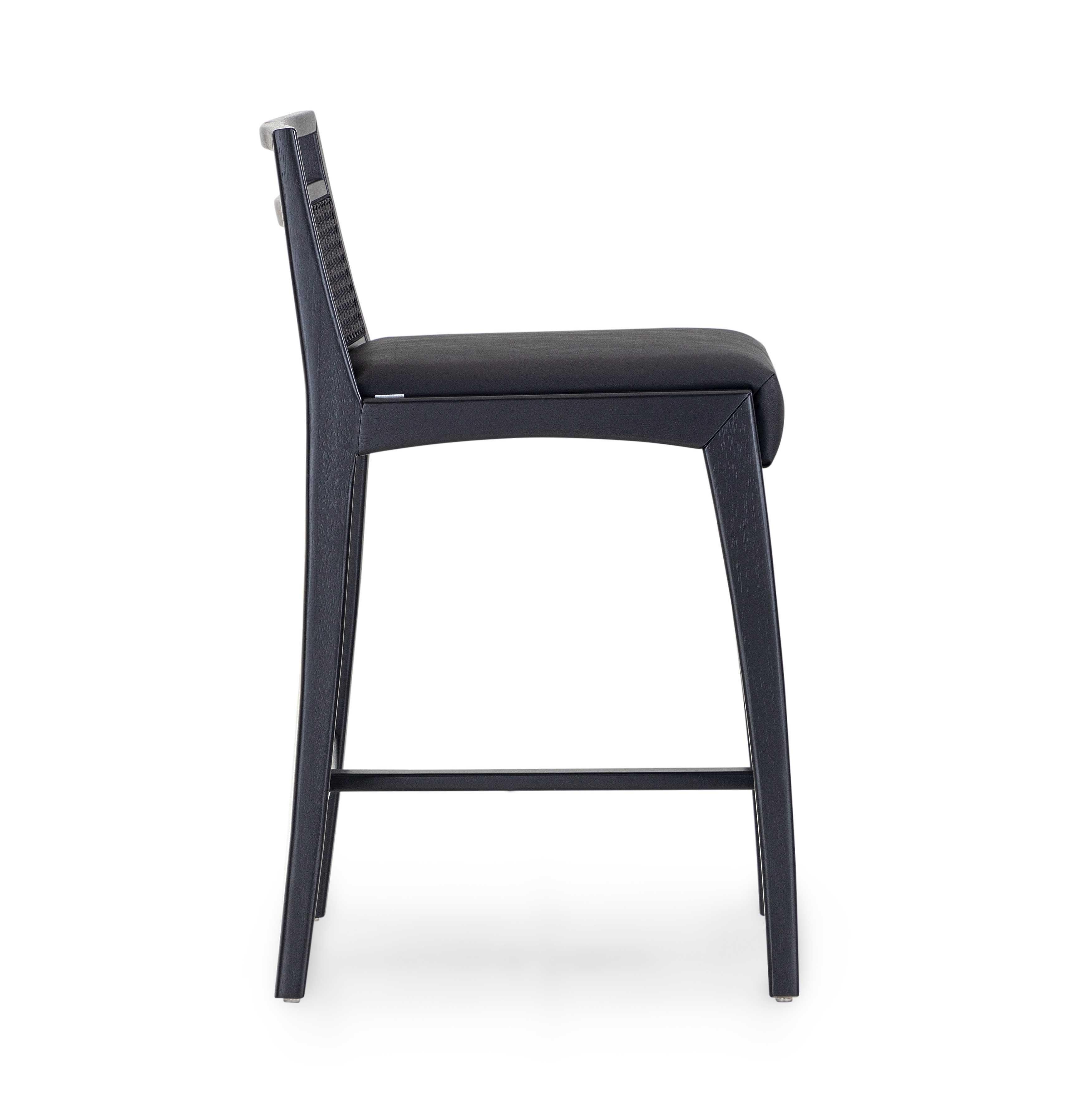 Brazilian Customizable Black Counter Stool with Faux Leather and Cane Backrest, Sotto Line For Sale