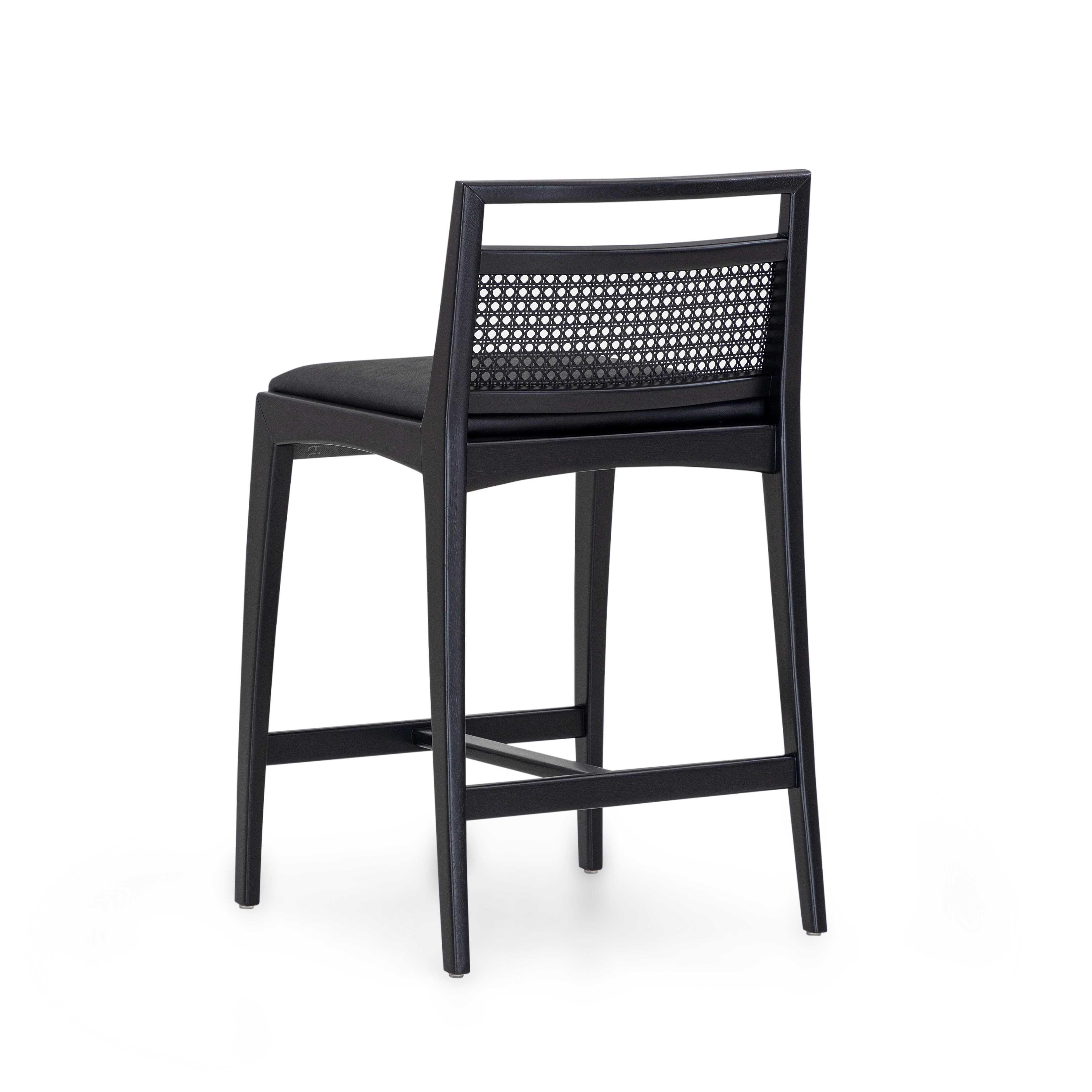 Hand-Woven Customizable Black Counter Stool with Faux Leather and Cane Backrest, Sotto Line For Sale