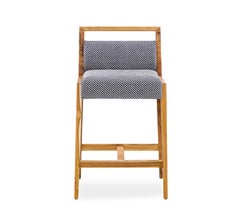 Counter Stool in Teak Wood with Dark Gray Fabric and Tapered Legs, Sotto Line