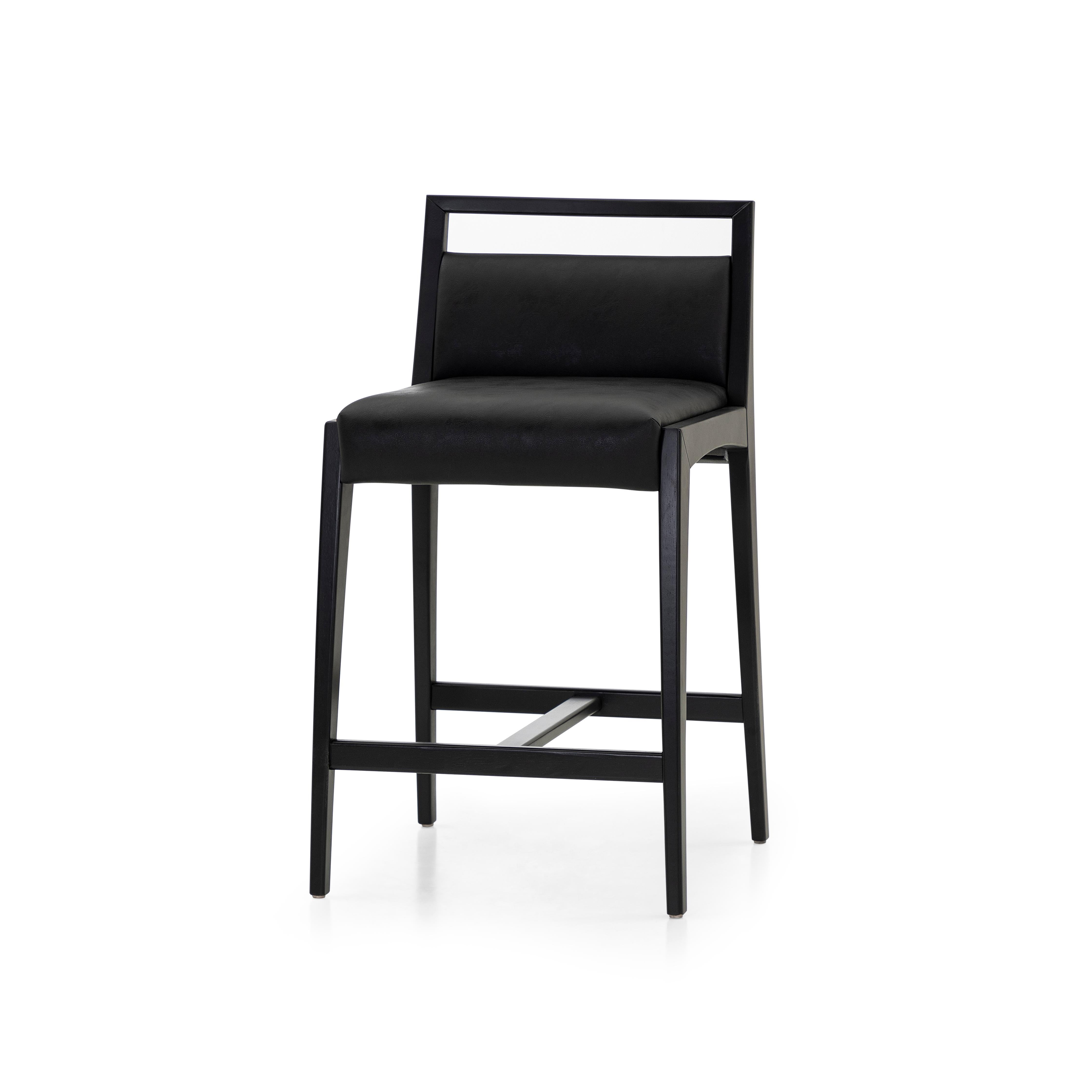 Brazilian Sotto Counter Stool in Black Faux Leather and Black Wood Finish For Sale