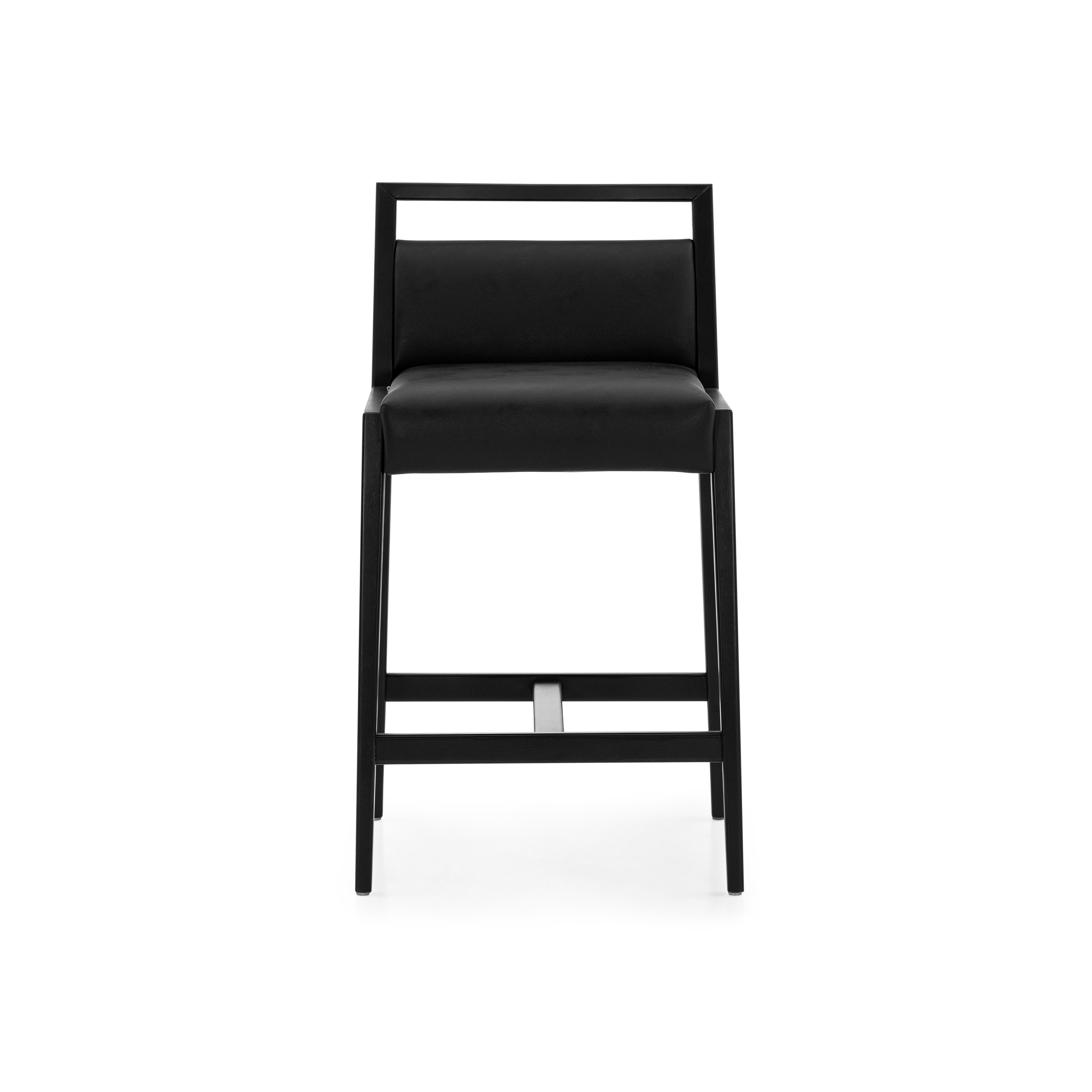 Contemporary Sotto Counter Stool in Black Faux Leather and Black Wood Finish For Sale
