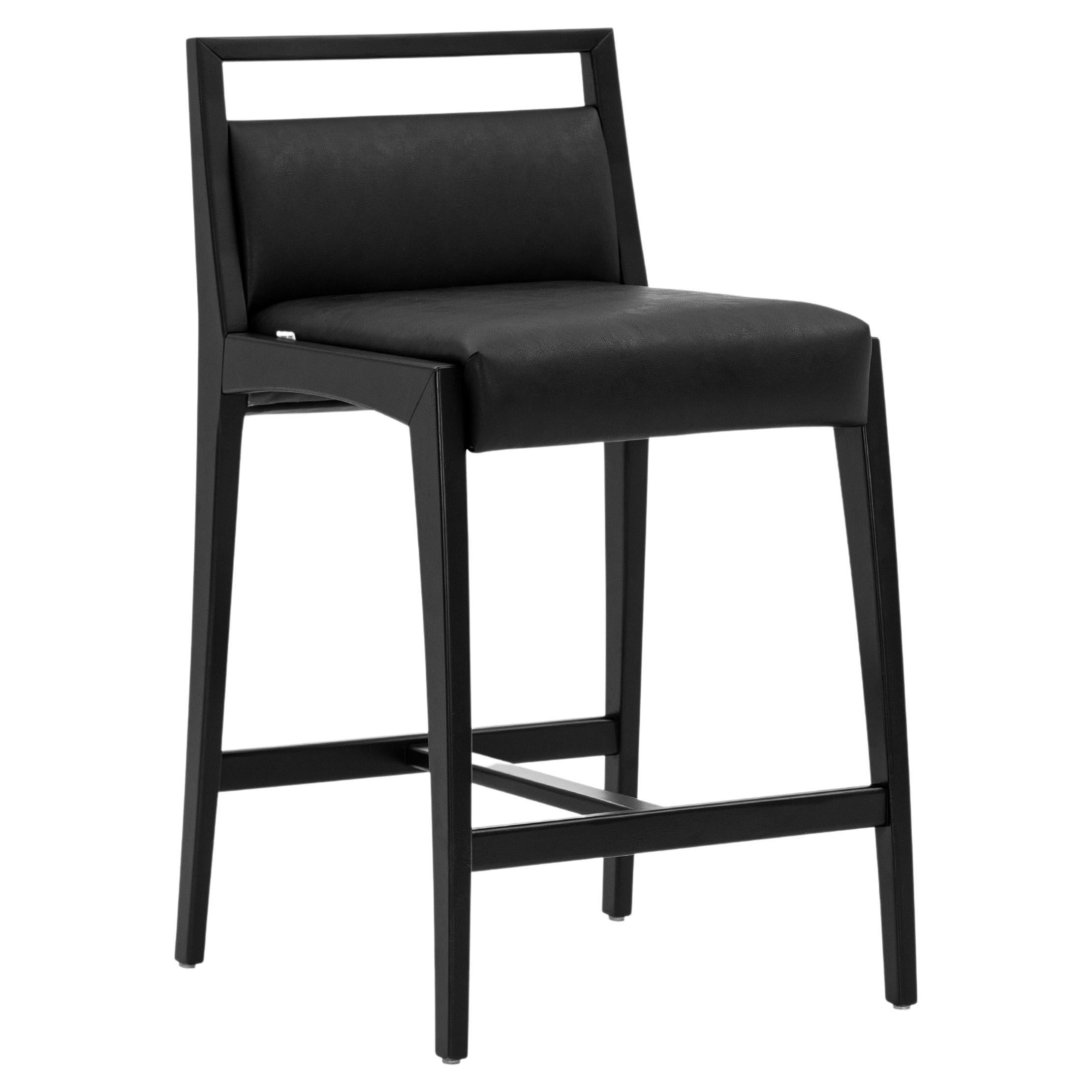 Sotto Counter Stool in Black Faux Leather and Black Wood Finish For Sale