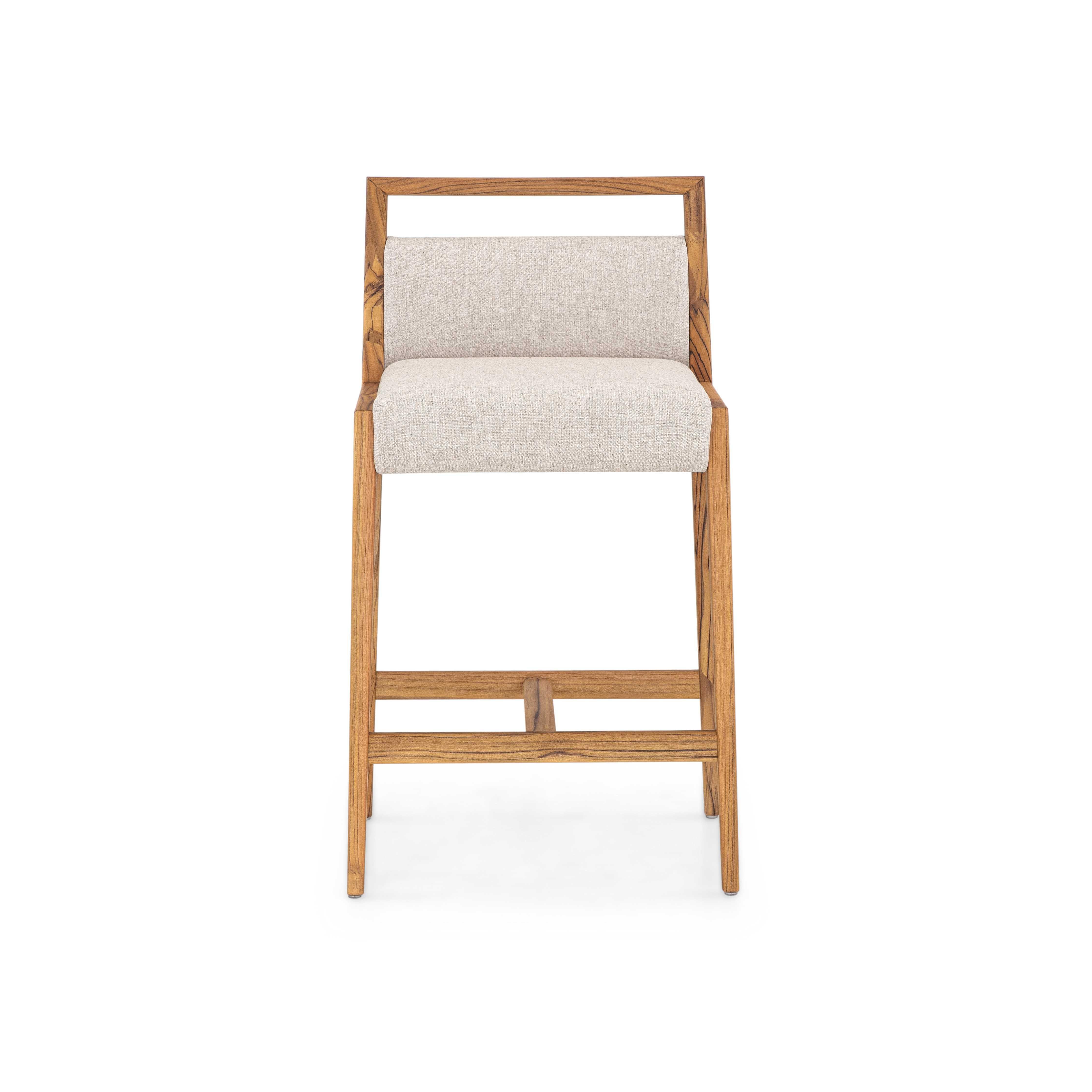 Modern Teak Wood Customizable Counter Stool with Light Beige Upholstery, Sotto Line For Sale