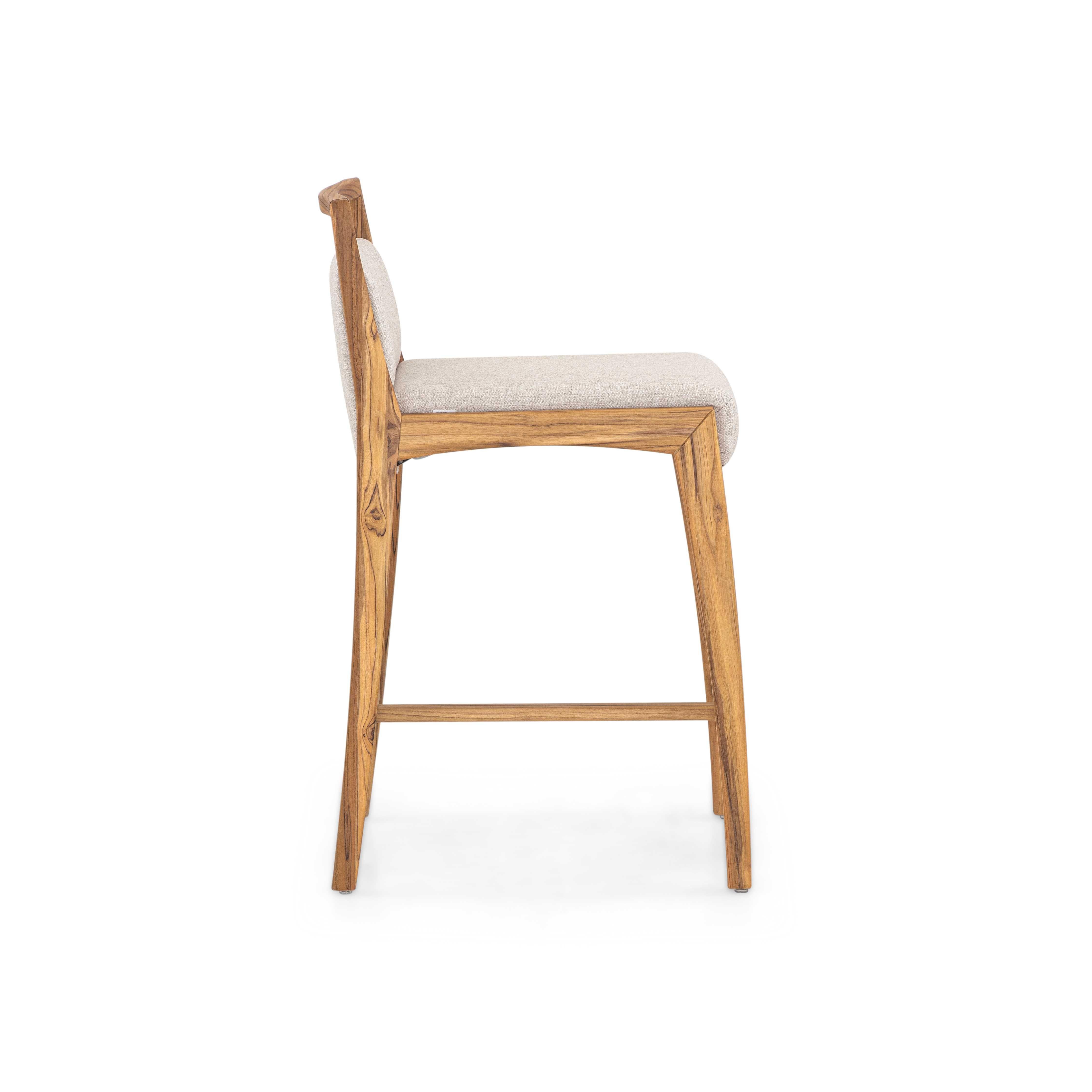 Brazilian Teak Wood Customizable Counter Stool with Light Beige Upholstery, Sotto Line For Sale