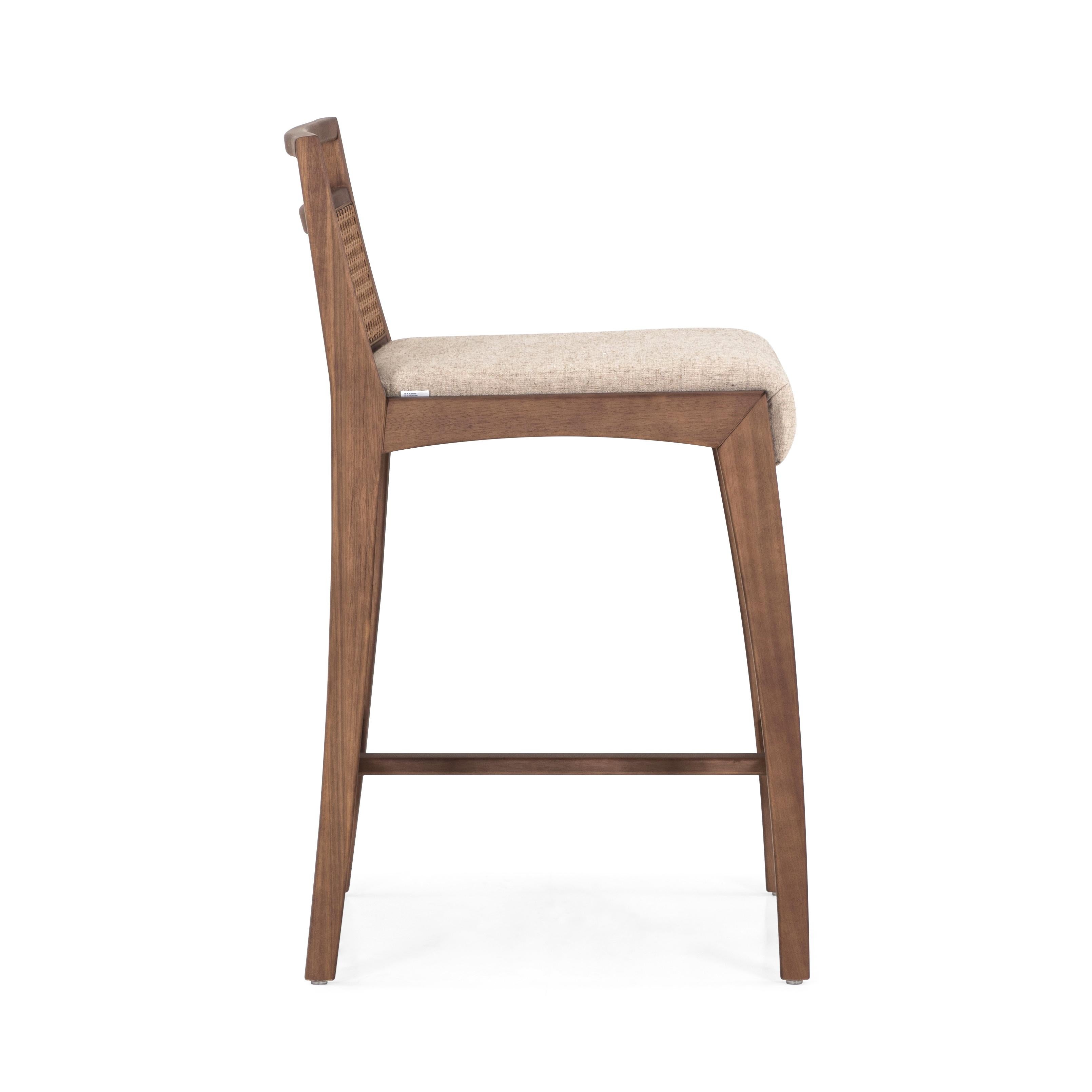 Brazilian Counter Height Walnut Finish Stool with Beige Cushion and Cane Backrest - Sotto For Sale
