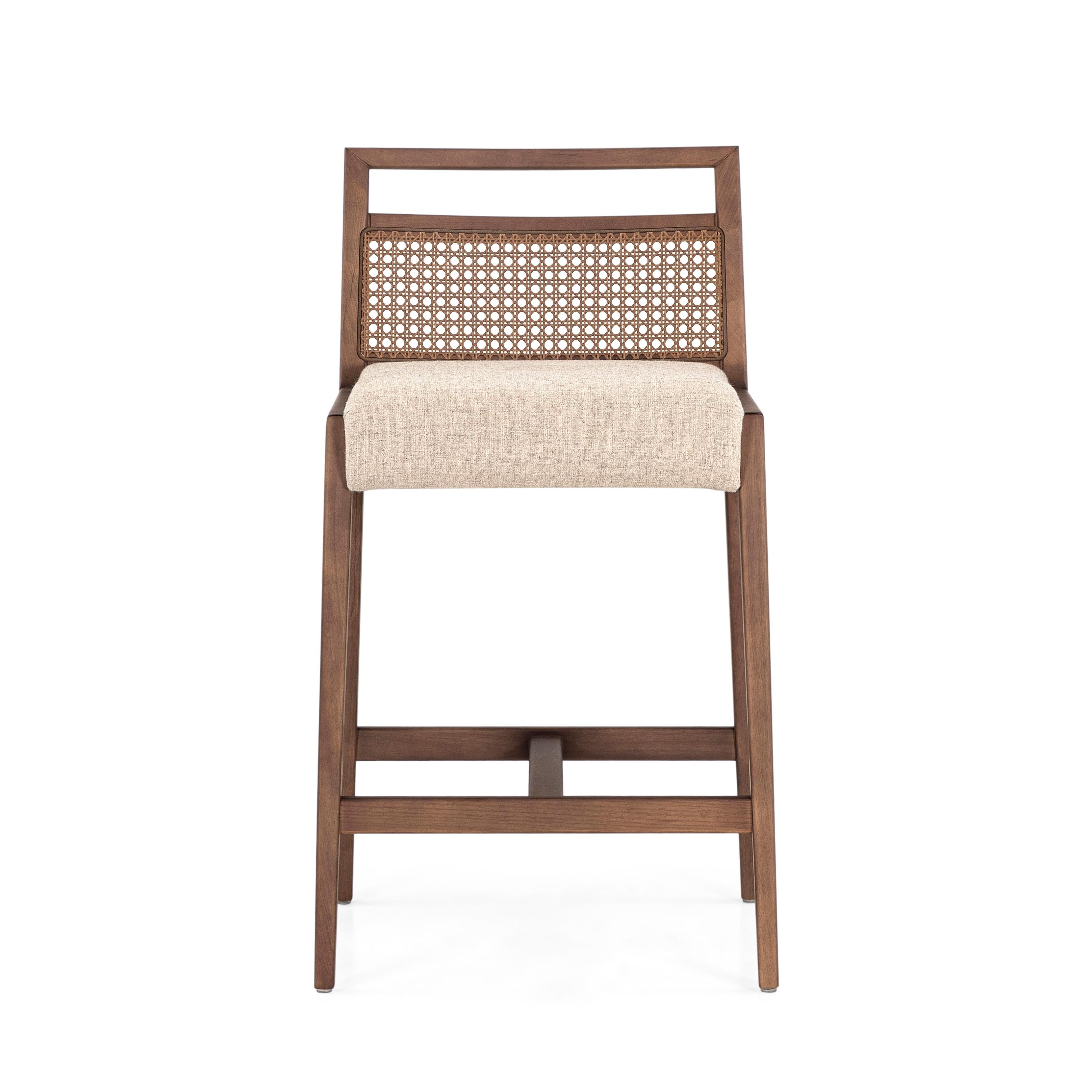 Stained Counter Height Walnut Finish Stool with Beige Cushion and Cane Backrest - Sotto For Sale