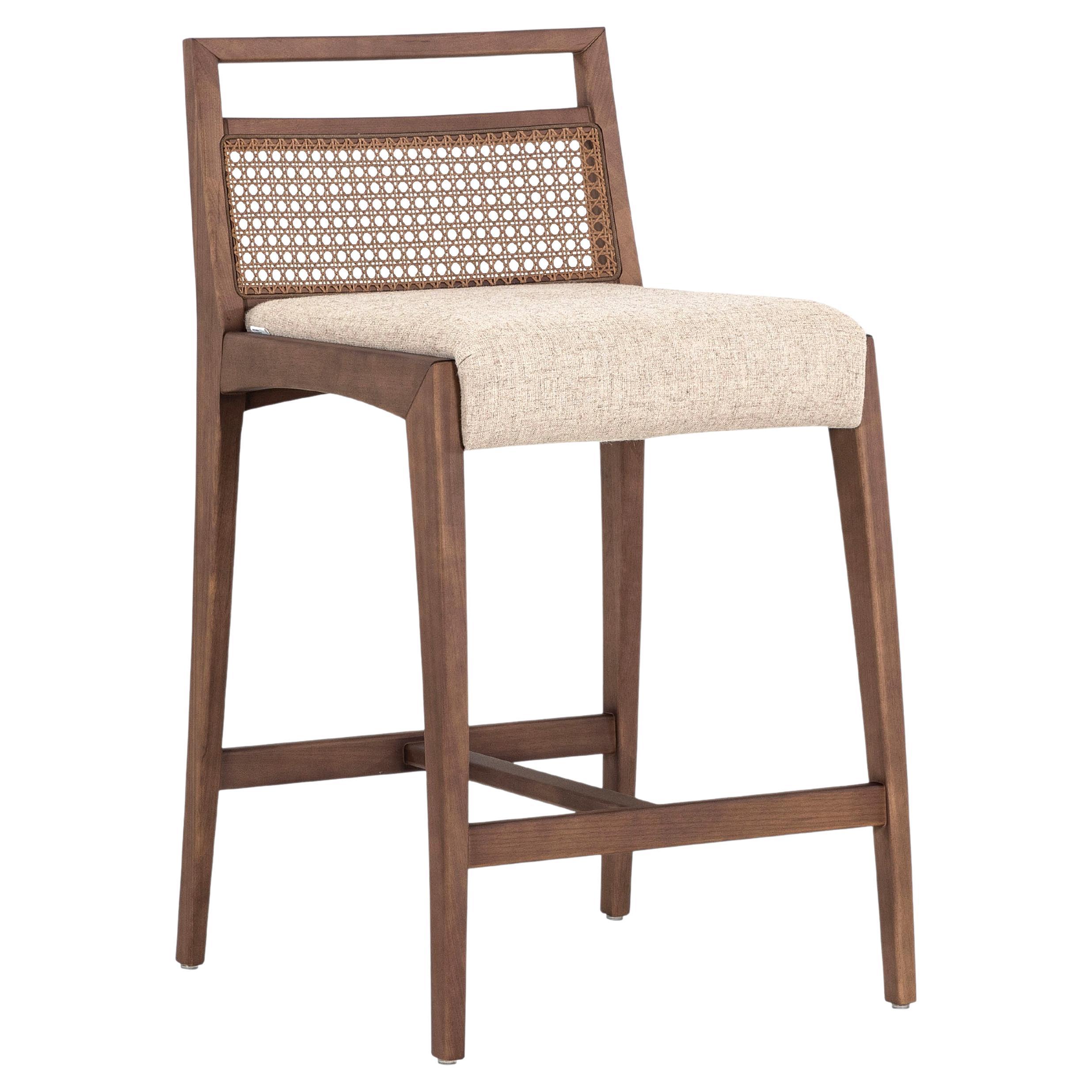 Counter Height Walnut Finish Stool with Beige Cushion and Cane Backrest - Sotto For Sale