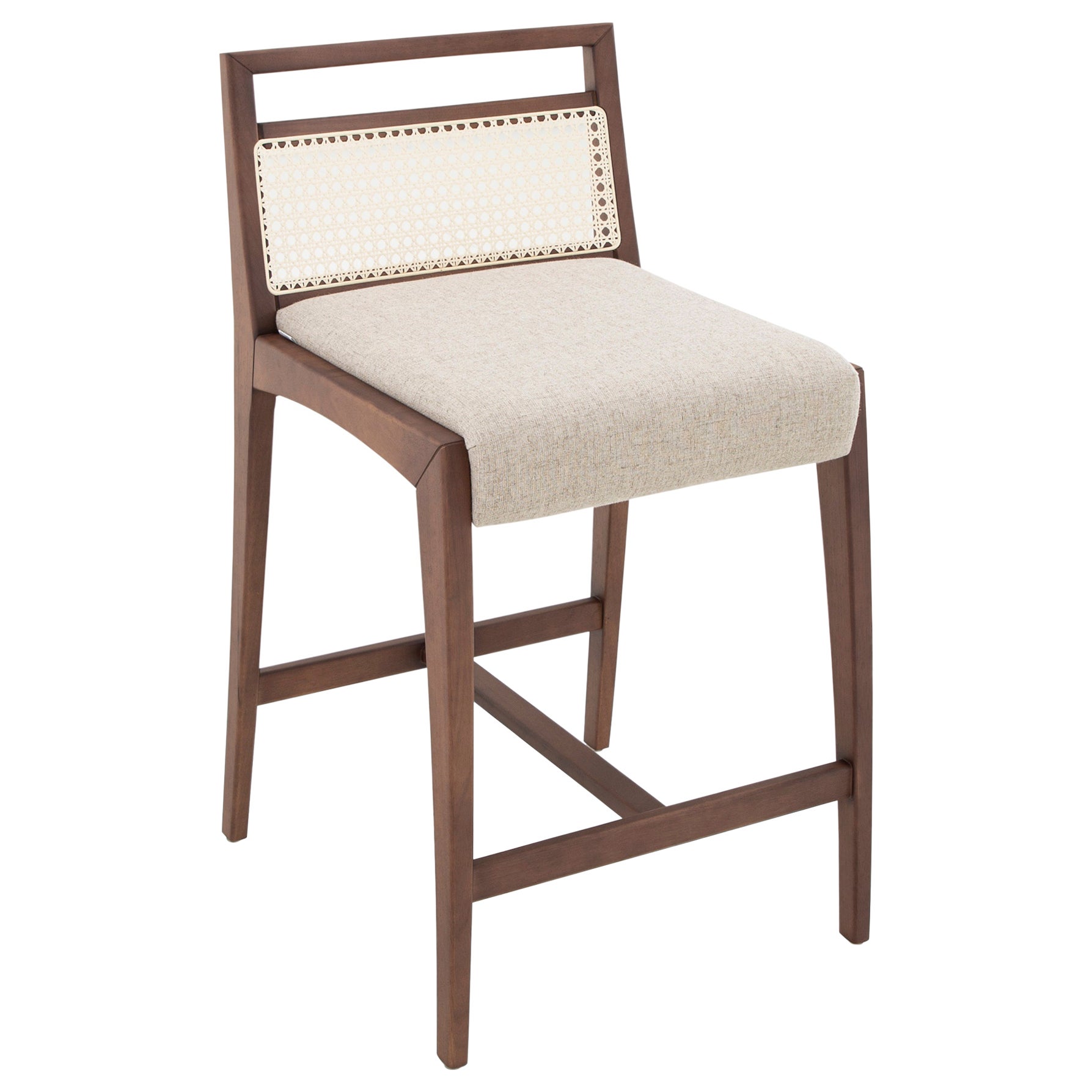 Sotto Counter Stool CaneBack, Beige Fabric and Teak Wood Finish For