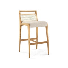 Customizable Teak Counter Stool with Cane Back and Beige Upholstery - Sotto Line