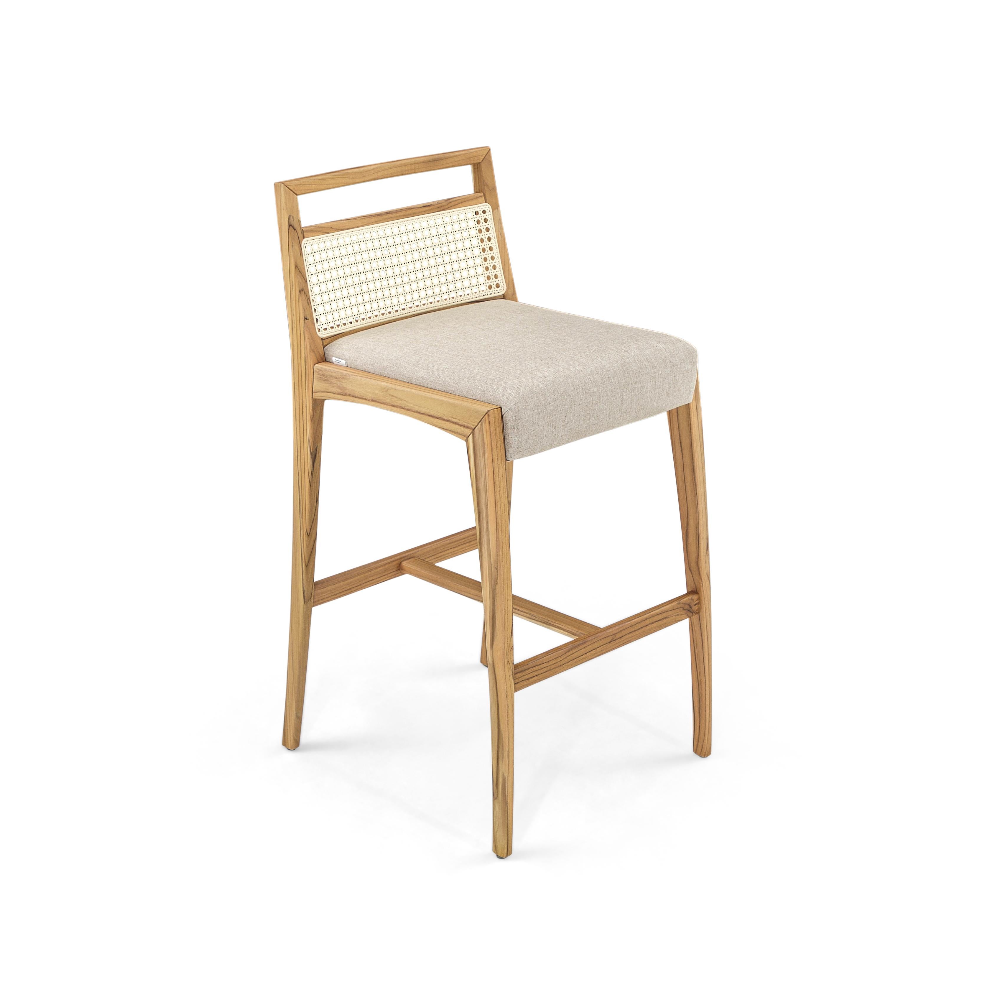 Brazilian Sotto Counter Stool Cane-Back, Beige Fabric and Teak Wood Finish For Sale