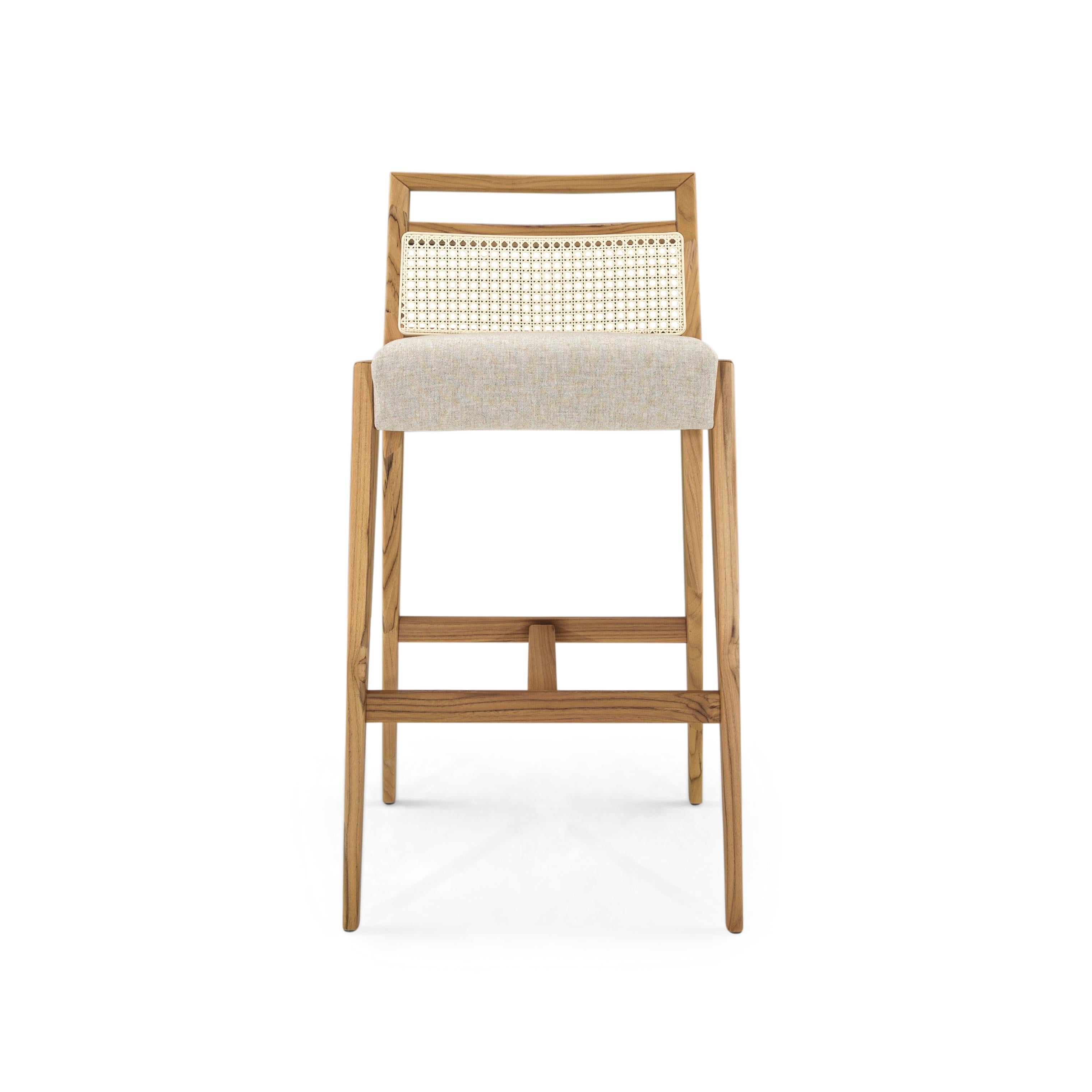 Sotto Counter Stool Cane-Back, Beige Fabric and Teak Wood Finish In New Condition For Sale In Miami, FL