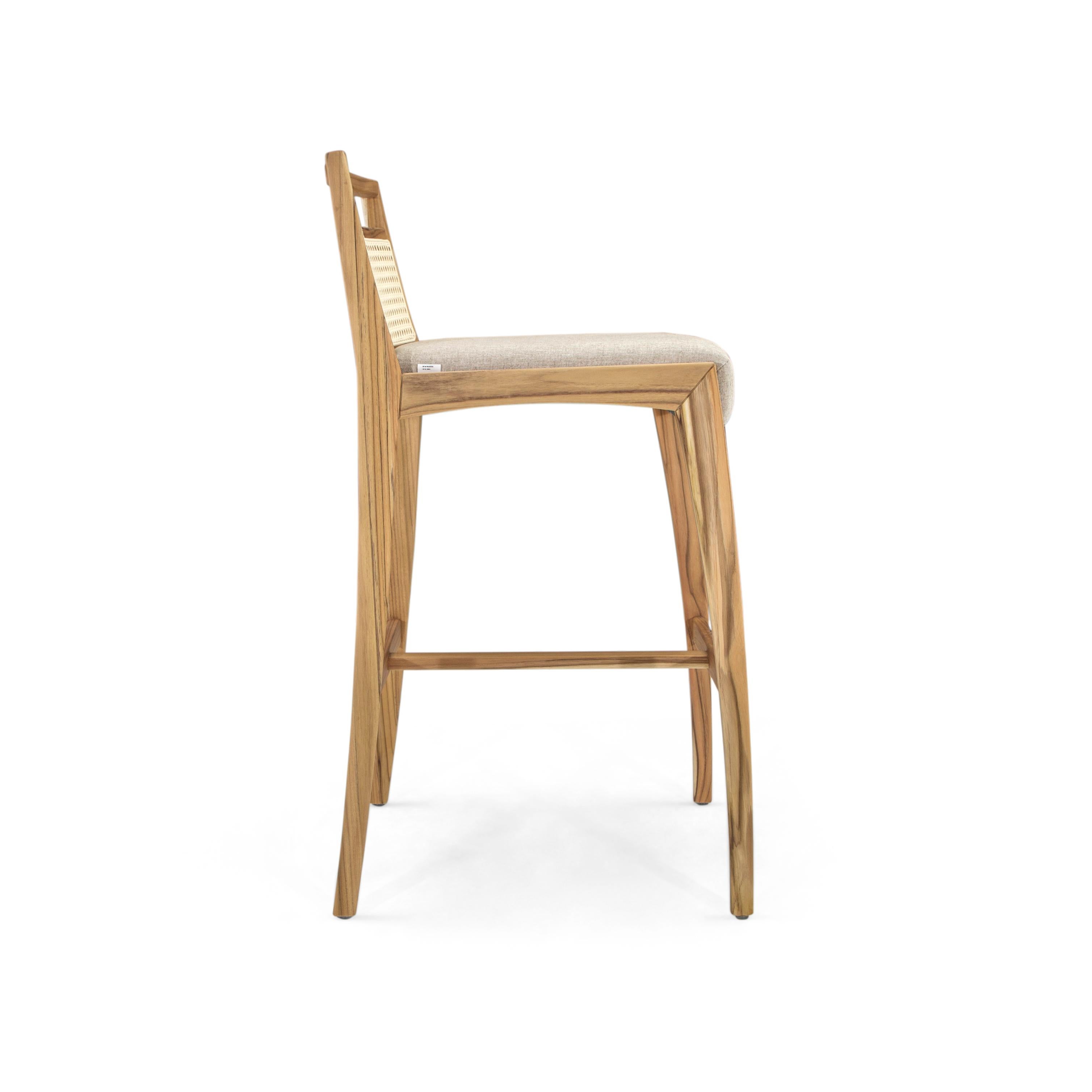 Tabouret de comptoir avec dossier à cannage, tissu beige et finition en bois de teck en vente 2