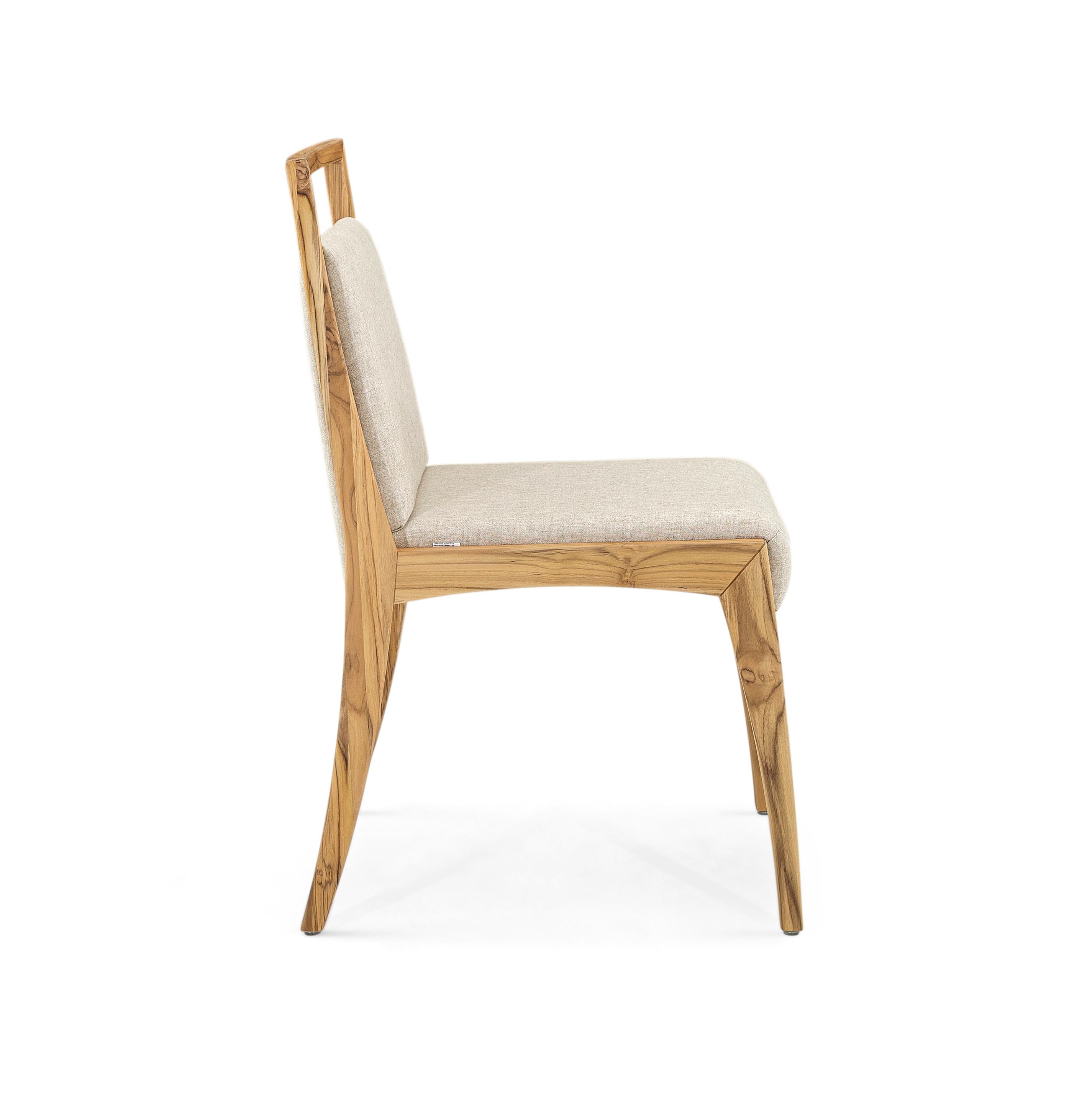 Brazilian Sotto Dining Chair with a Teak Wood Finish and Beige Fabric, set of 2 For Sale