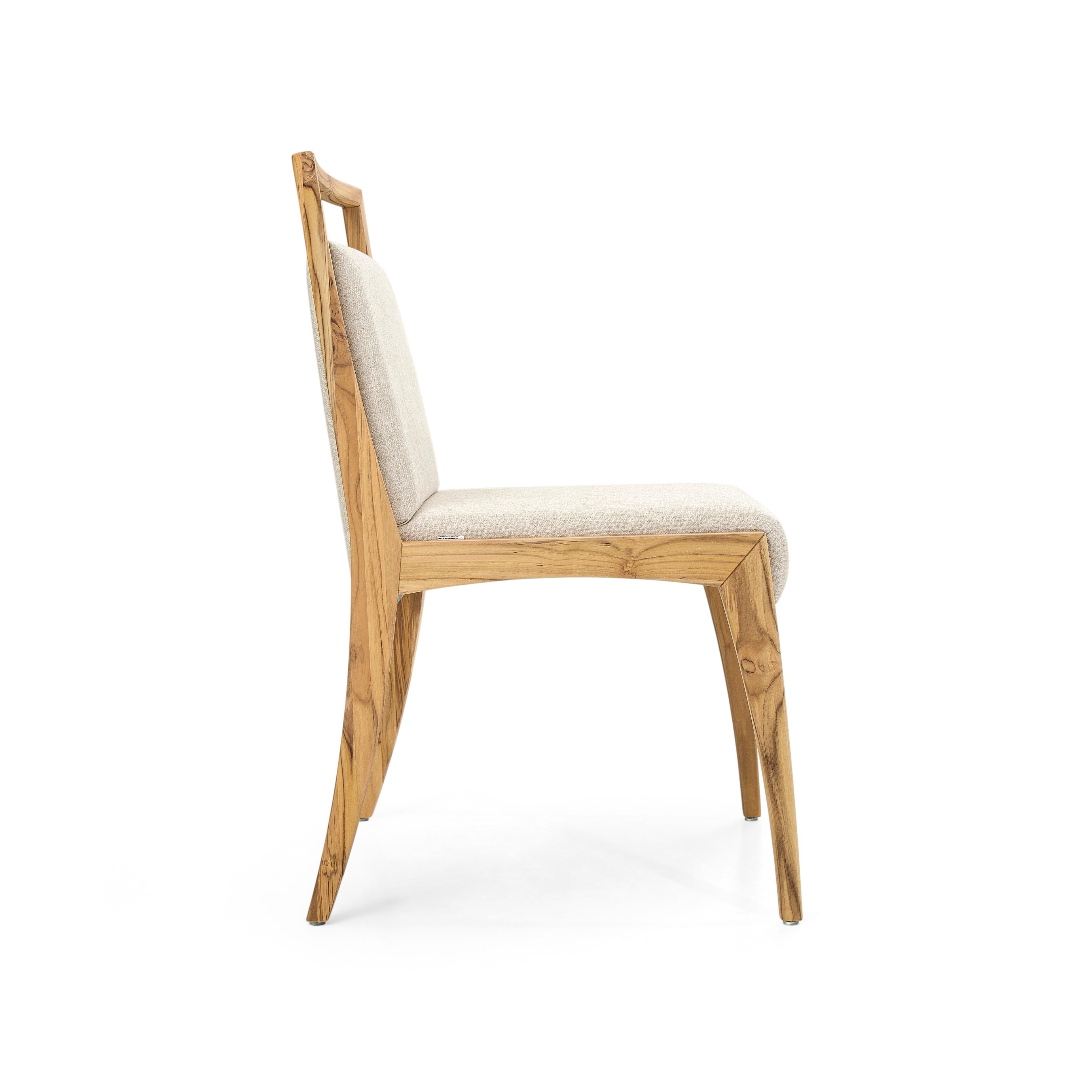 Contemporary Sotto Dining Chair with a Teak Wood Finish and Beige Fabric, set of 2 For Sale