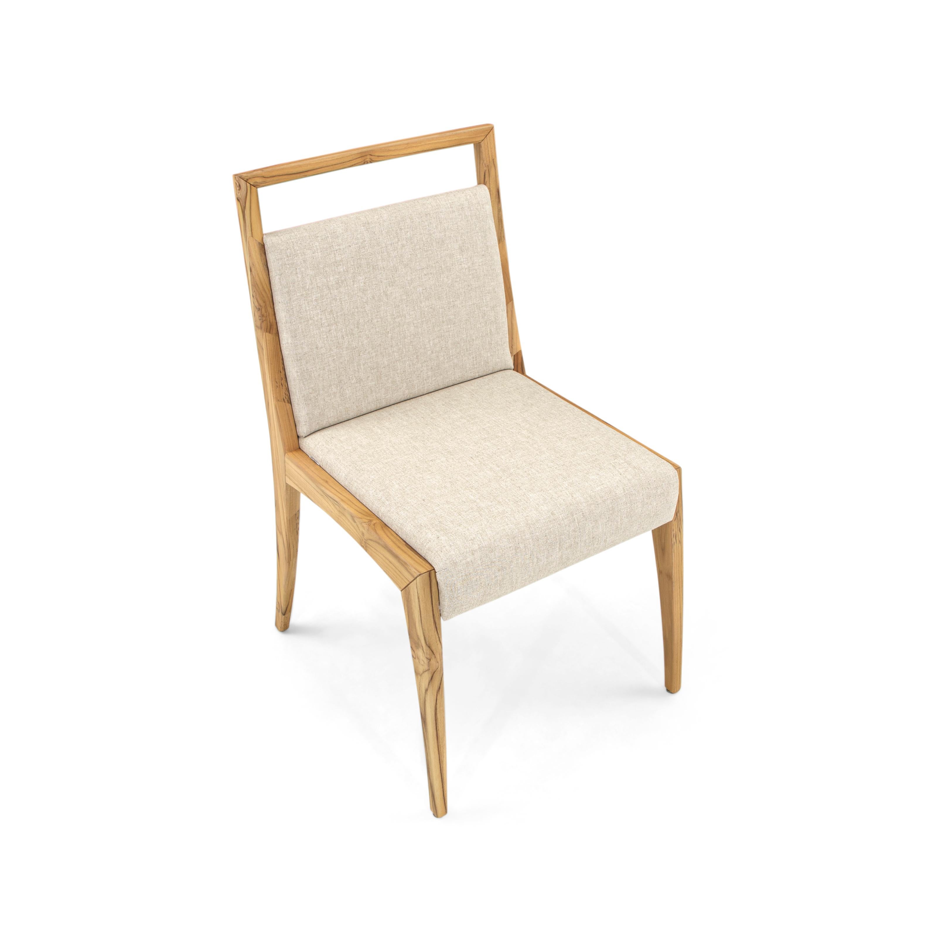 Upholstery Sotto Dining Chair with a Teak Wood Finish and Beige Fabric, set of 2 For Sale