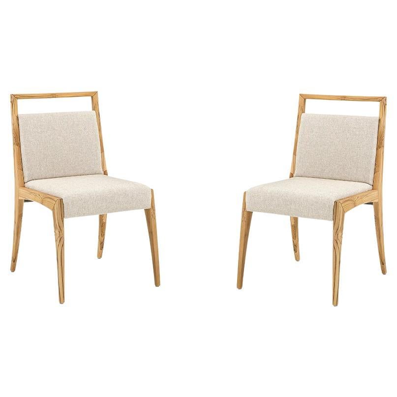 Sotto Dining Chair with a Teak Wood Finish and Beige Fabric, set of 2 For Sale