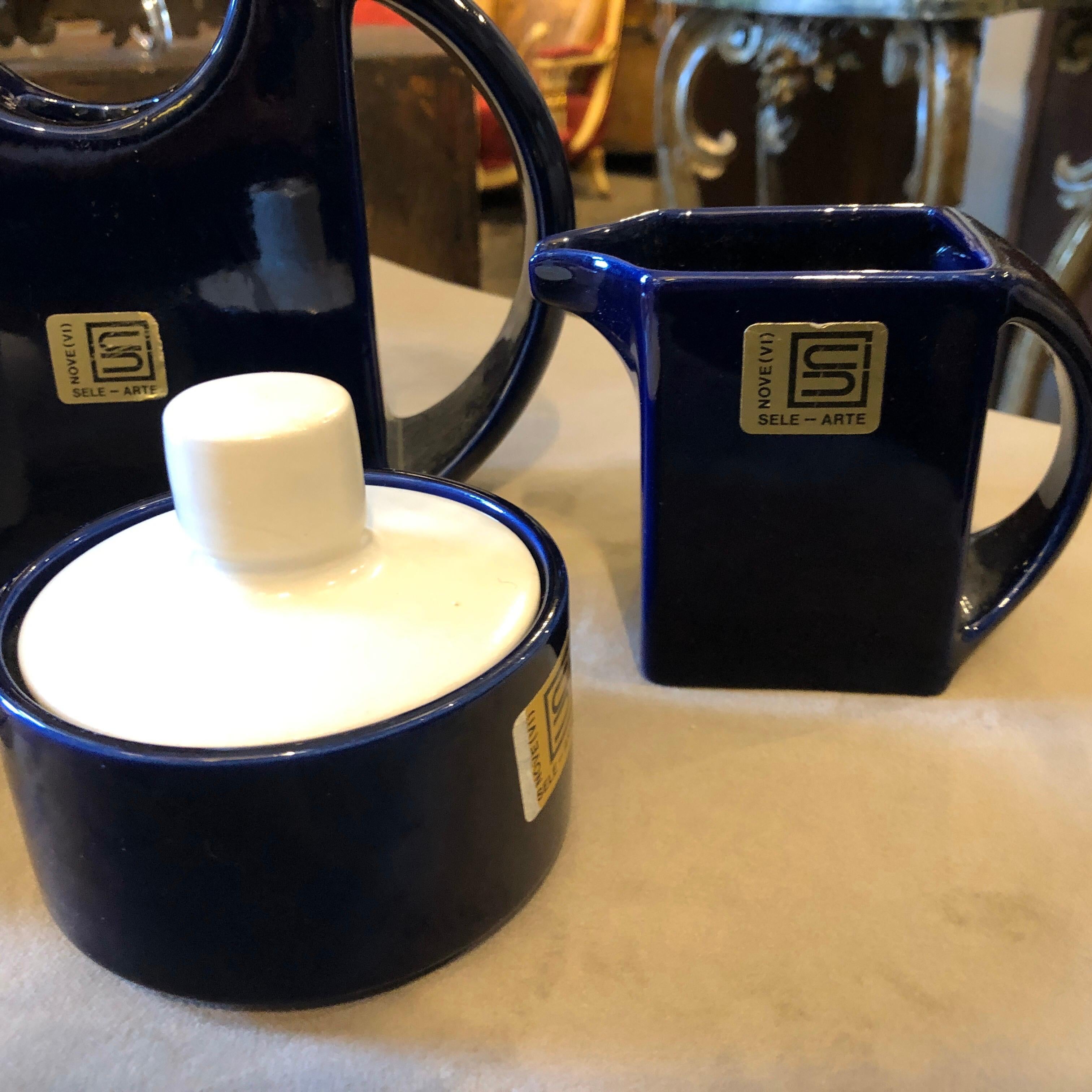 Italian Sottsass Style Blue and White Ceramic Tea Set by Sele Arte, circa 1980