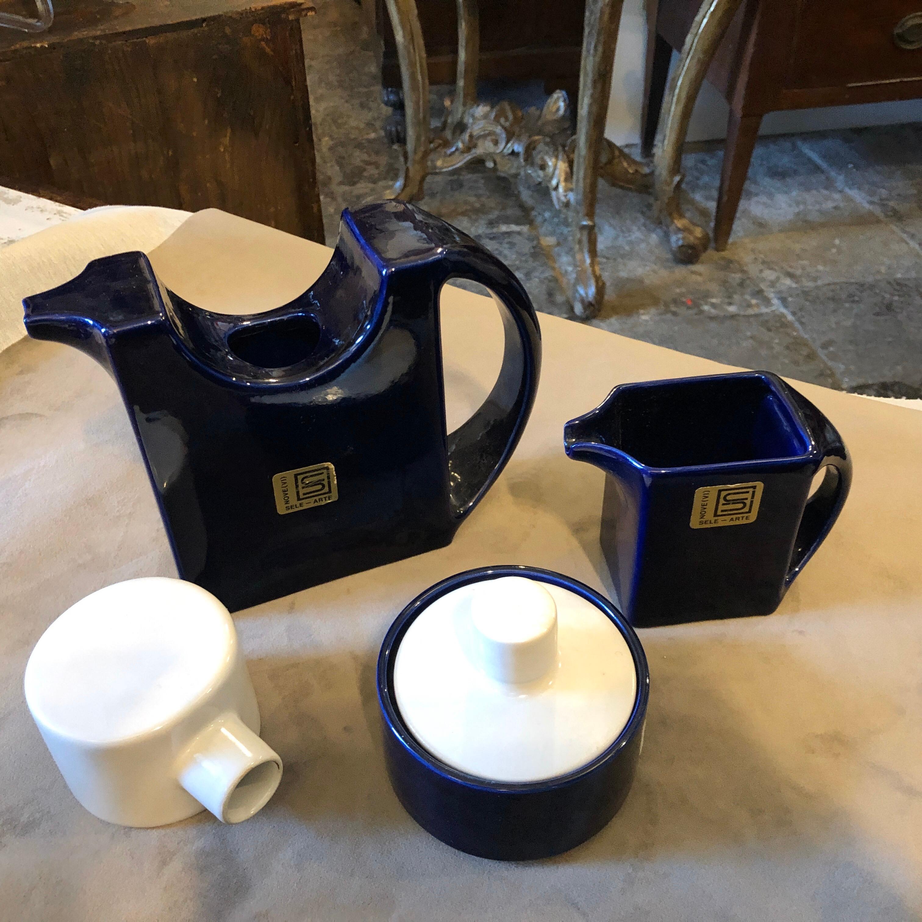 Sottsass Style Blue and White Ceramic Tea Set by Sele Arte, circa 1980 In Good Condition In Aci Castello, IT