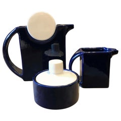 Sottsass Style Blue and White Ceramic Tea Set by Sele Arte, circa 1980