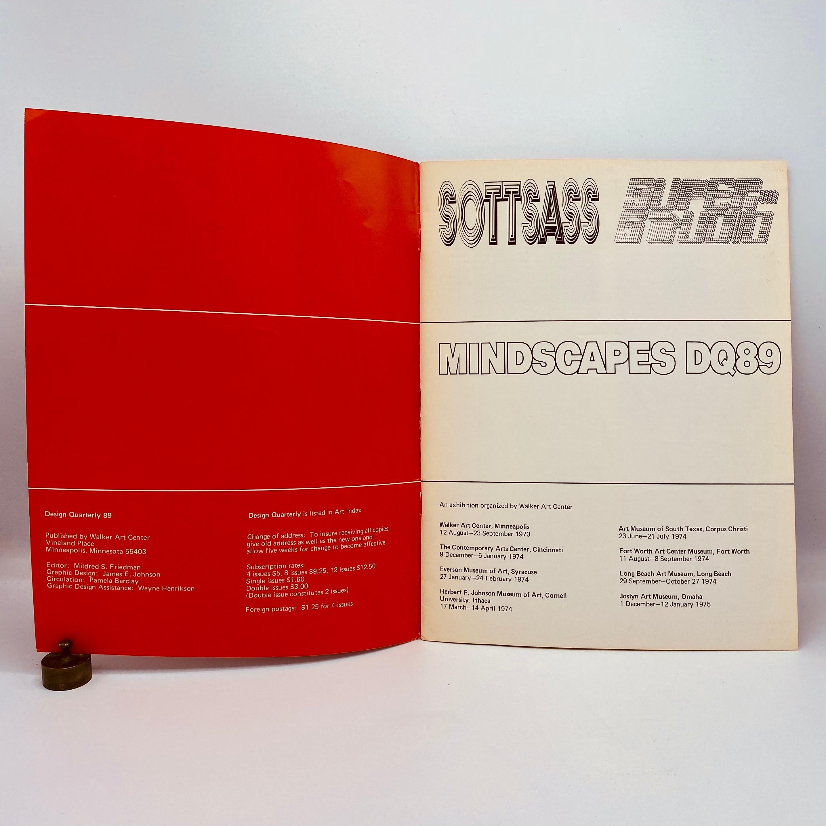 Softcover catalog of an exhibition of Italian Radical architecture and design featuring work by Ettore Sottsass and the Superstudio collective held at the Walker Art Center in August and September 1973, and subsequently at 7 other venues. With an