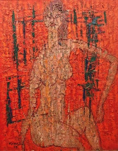 "Female Nude" Sou Kim (Heungsou Kim), Korean Modernist, Human Form, Intense Red